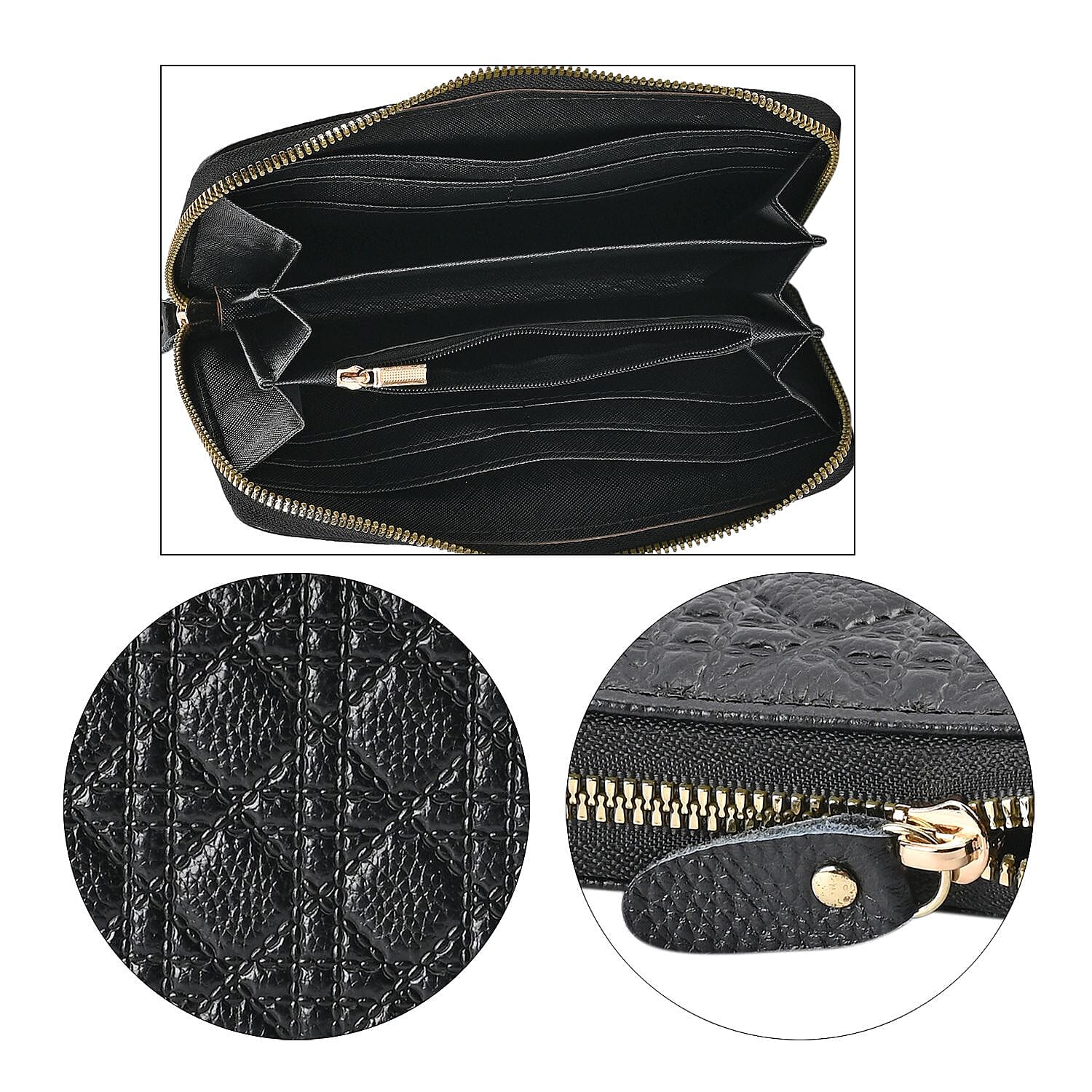  Genuine Leather Wallet with Embossed Quadrate Pattern & RFID Blocking - Black