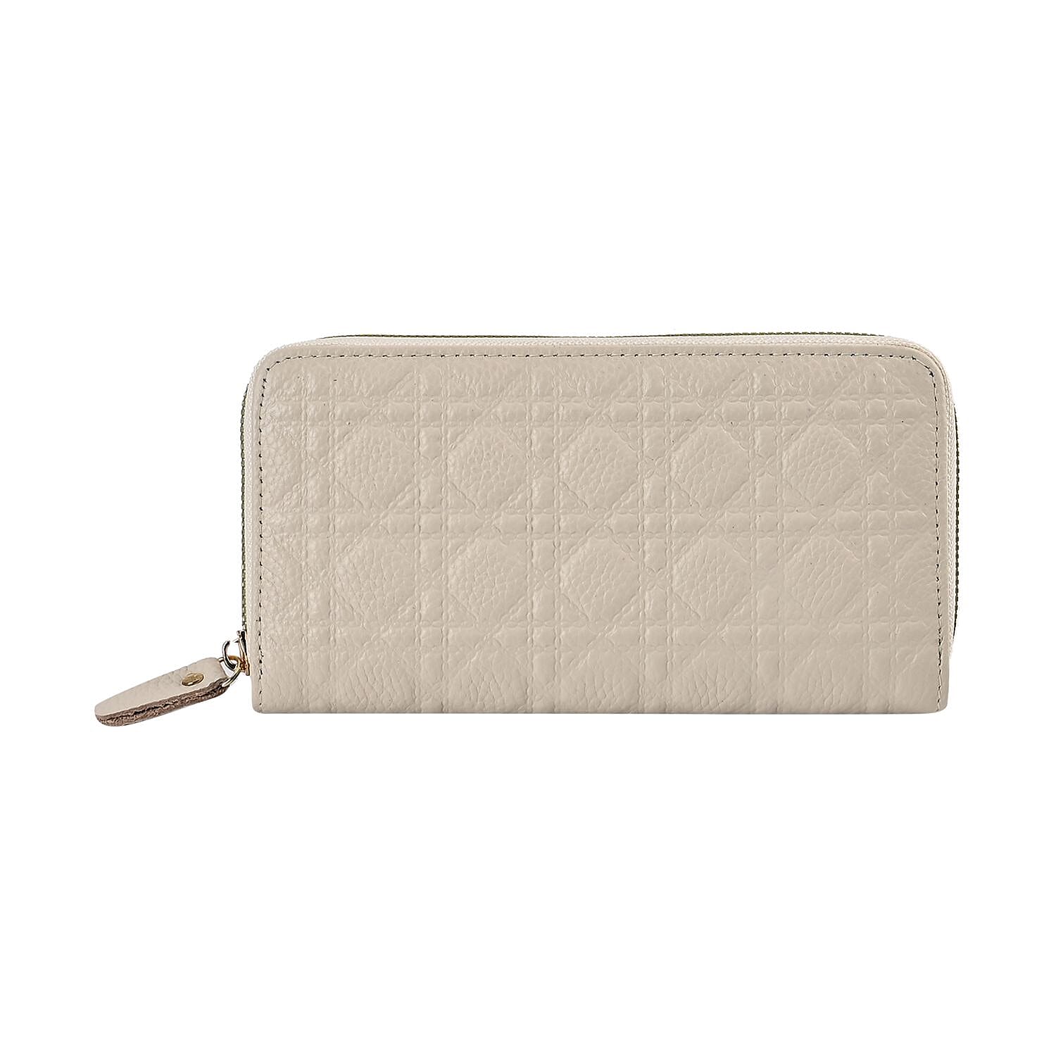 Genuine Leather Wallet with Embossed Quadrate Pattern - RFID Blocking - Cream