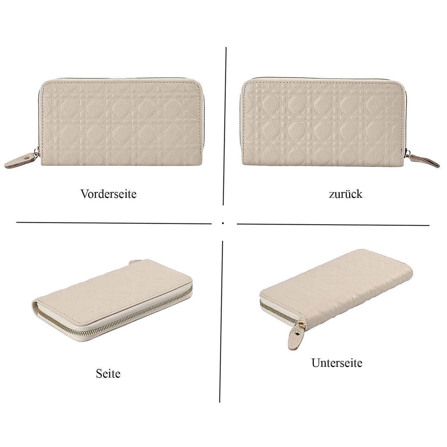 Genuine Leather Wallet with Embossed Quadrate Pattern - RFID Blocking - Cream