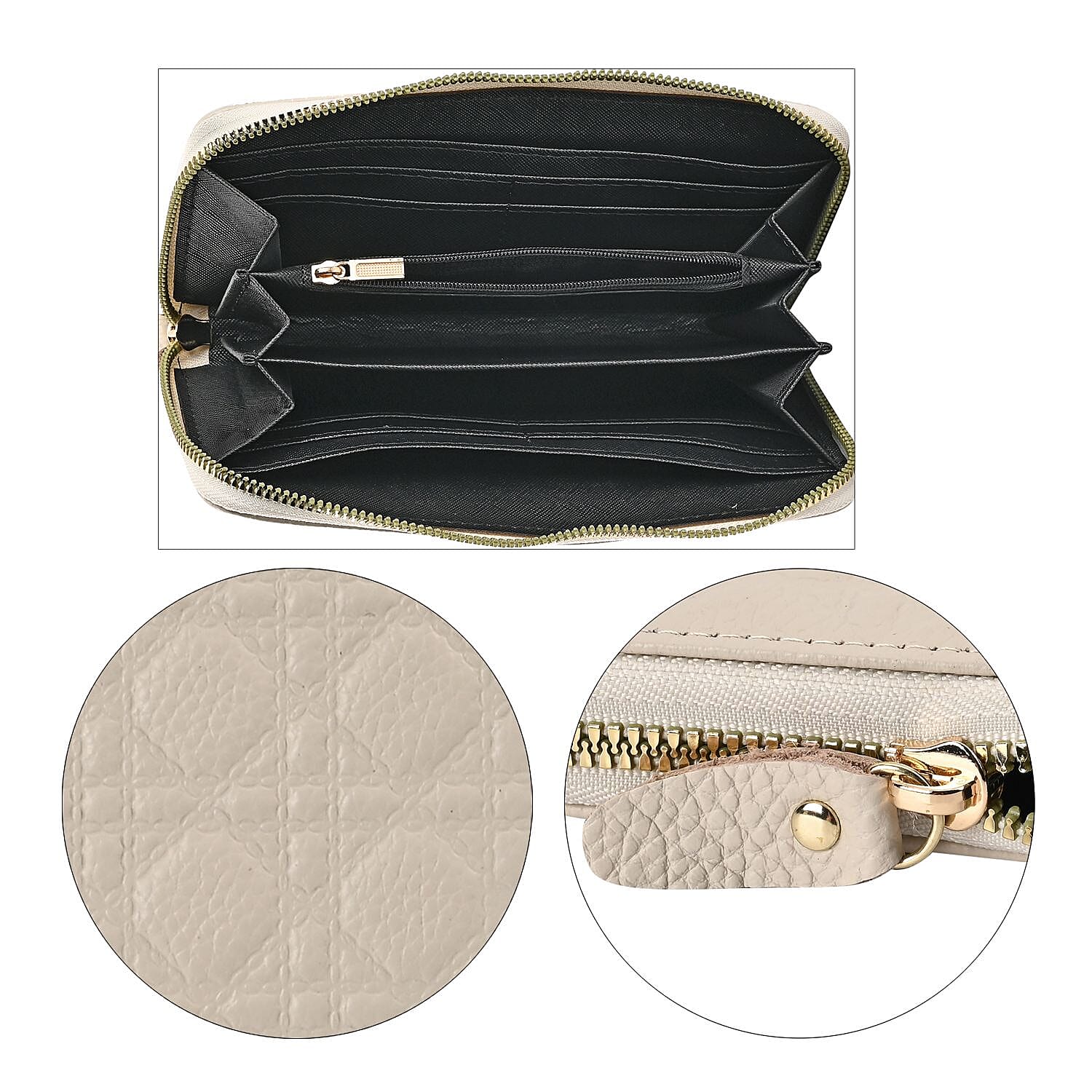 Genuine Leather Wallet with Embossed Quadrate Pattern - RFID Blocking - Cream