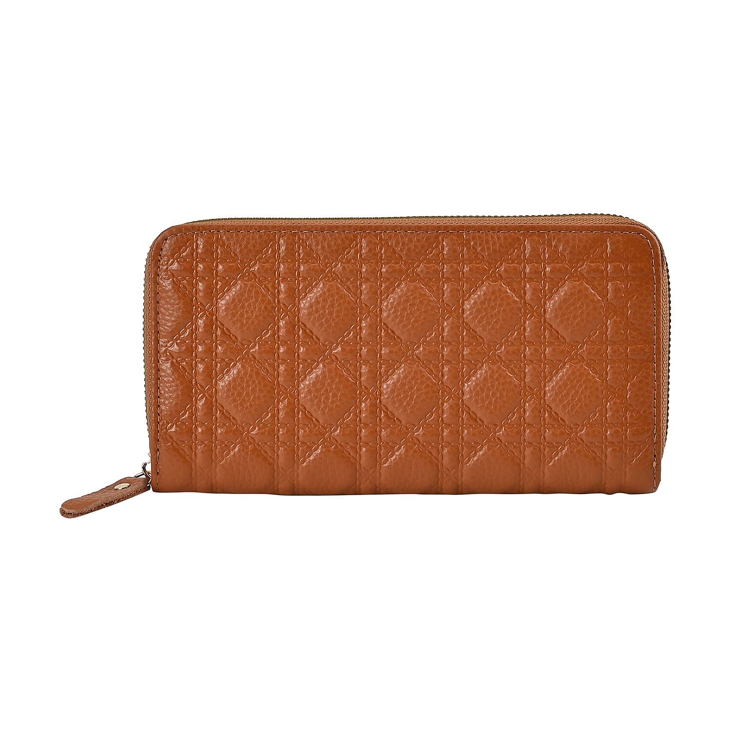 Genuine Leather Wallet with Embossed Quadrate Pattern - RFID Blocking - Tan