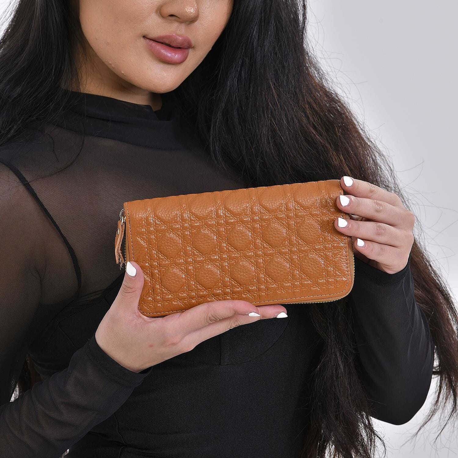 Genuine Leather Wallet with Embossed Quadrate Pattern - RFID Blocking - Tan