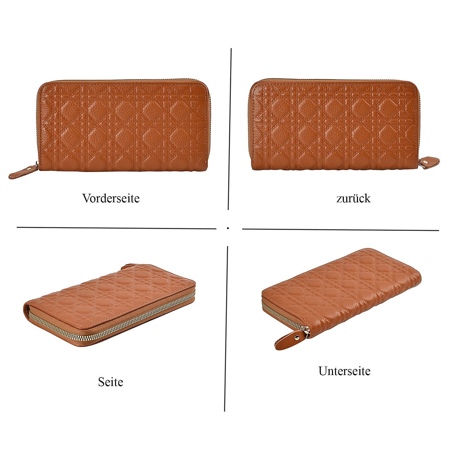 Genuine Leather Wallet with Embossed Quadrate Pattern - RFID Blocking - Tan