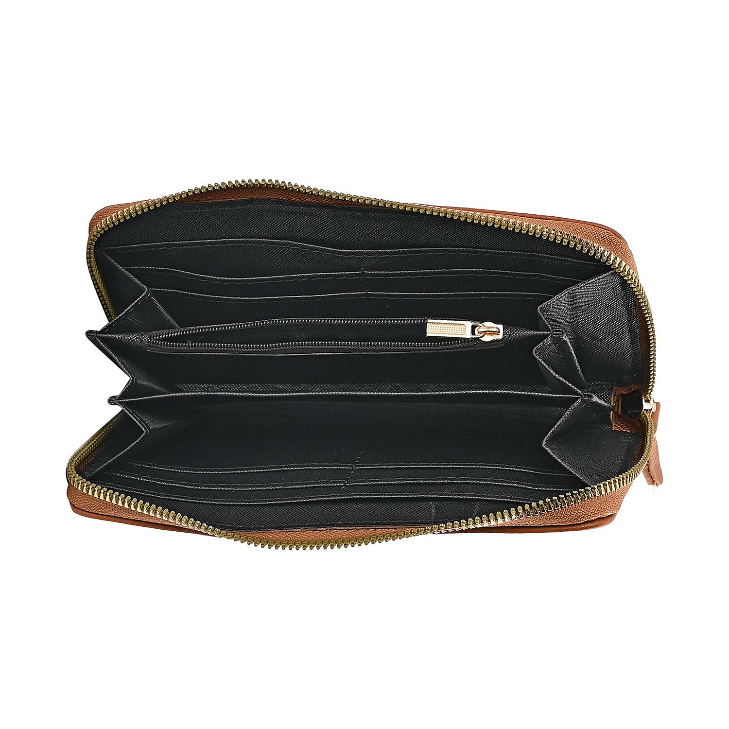 Genuine Leather Wallet with Embossed Quadrate Pattern - RFID Blocking - Tan