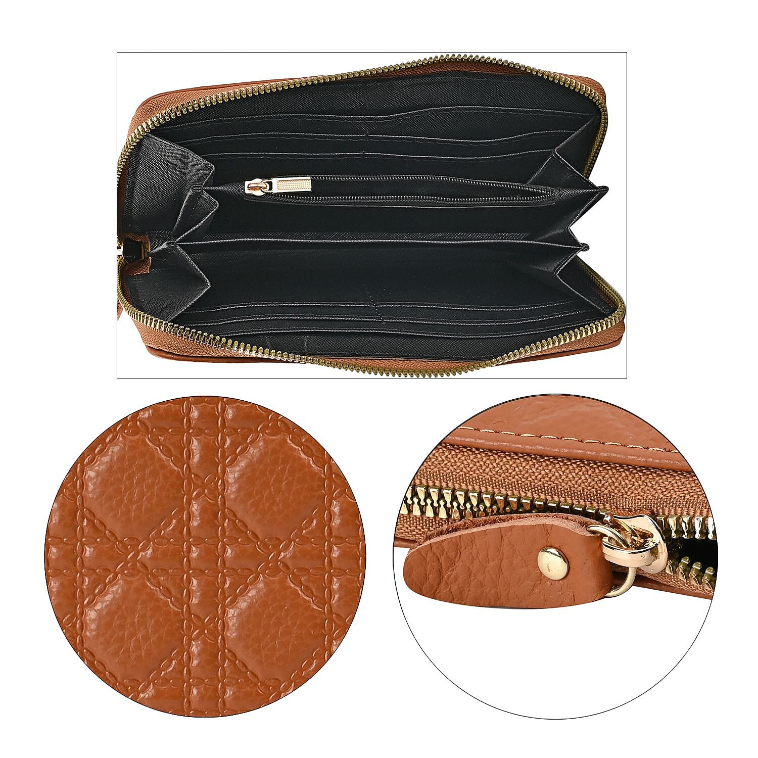 Genuine Leather Wallet with Embossed Quadrate Pattern - RFID Blocking - Tan