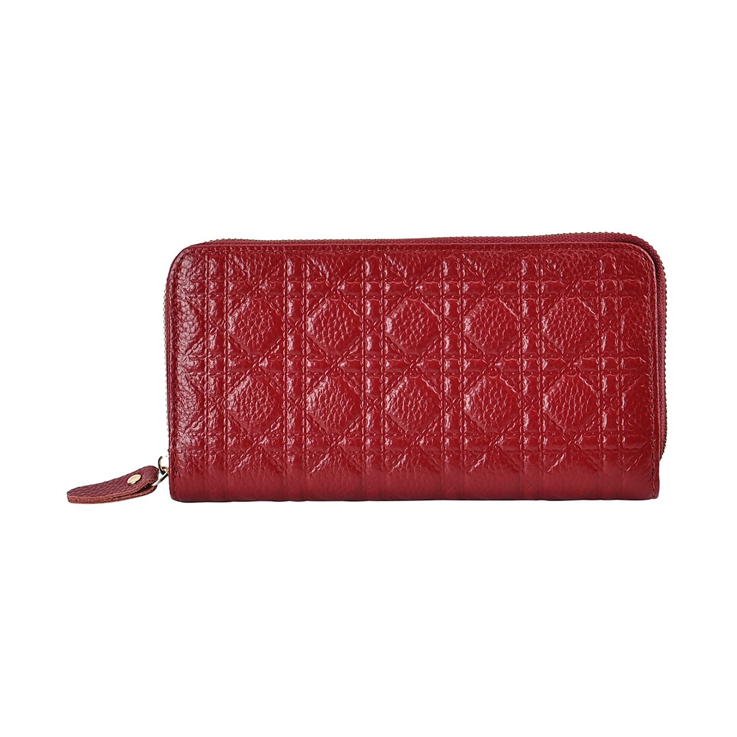 Genuine Leather Wallet with Embossed Quadrate Pattern - RFID Blocking - Burgundy