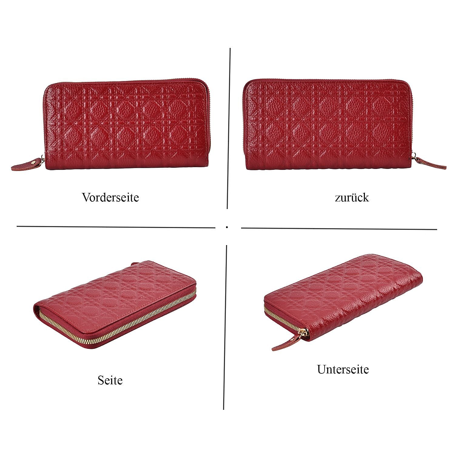 Genuine Leather Wallet with Embossed Quadrate Pattern - RFID Blocking - Burgundy