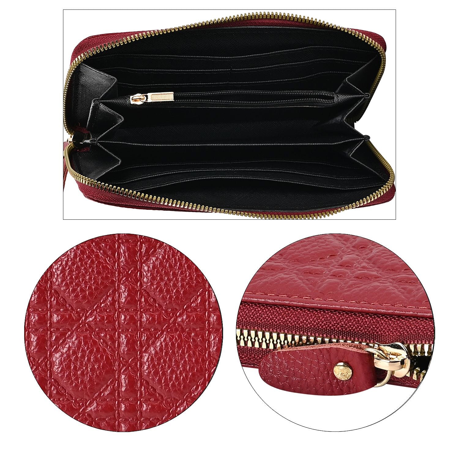 Genuine Leather Wallet with Embossed Quadrate Pattern - RFID Blocking - Burgundy
