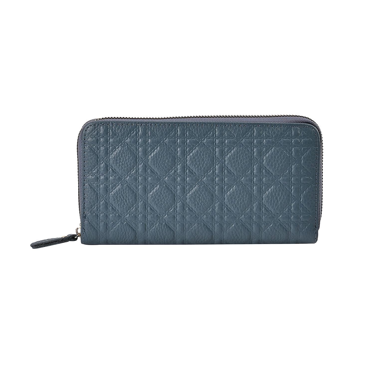 Genuine Leather Wallet with Embossed Quadrate Pattern - RFID Blocking - Blue