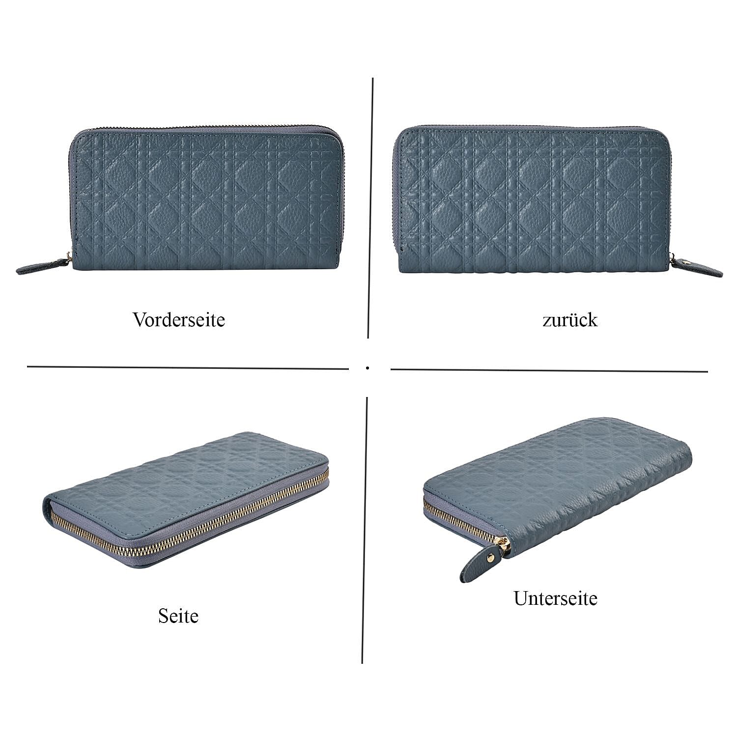 Genuine Leather Wallet with Embossed Quadrate Pattern - RFID Blocking - Blue