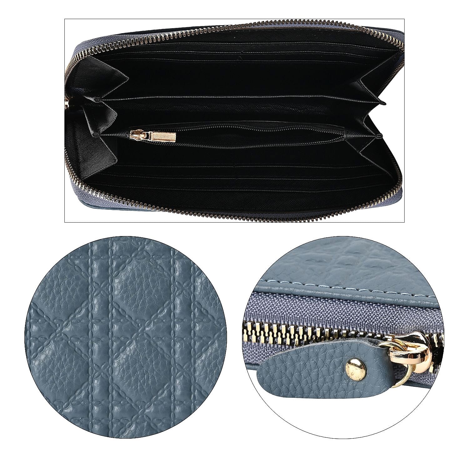 Genuine Leather Wallet with Embossed Quadrate Pattern - RFID Blocking - Blue