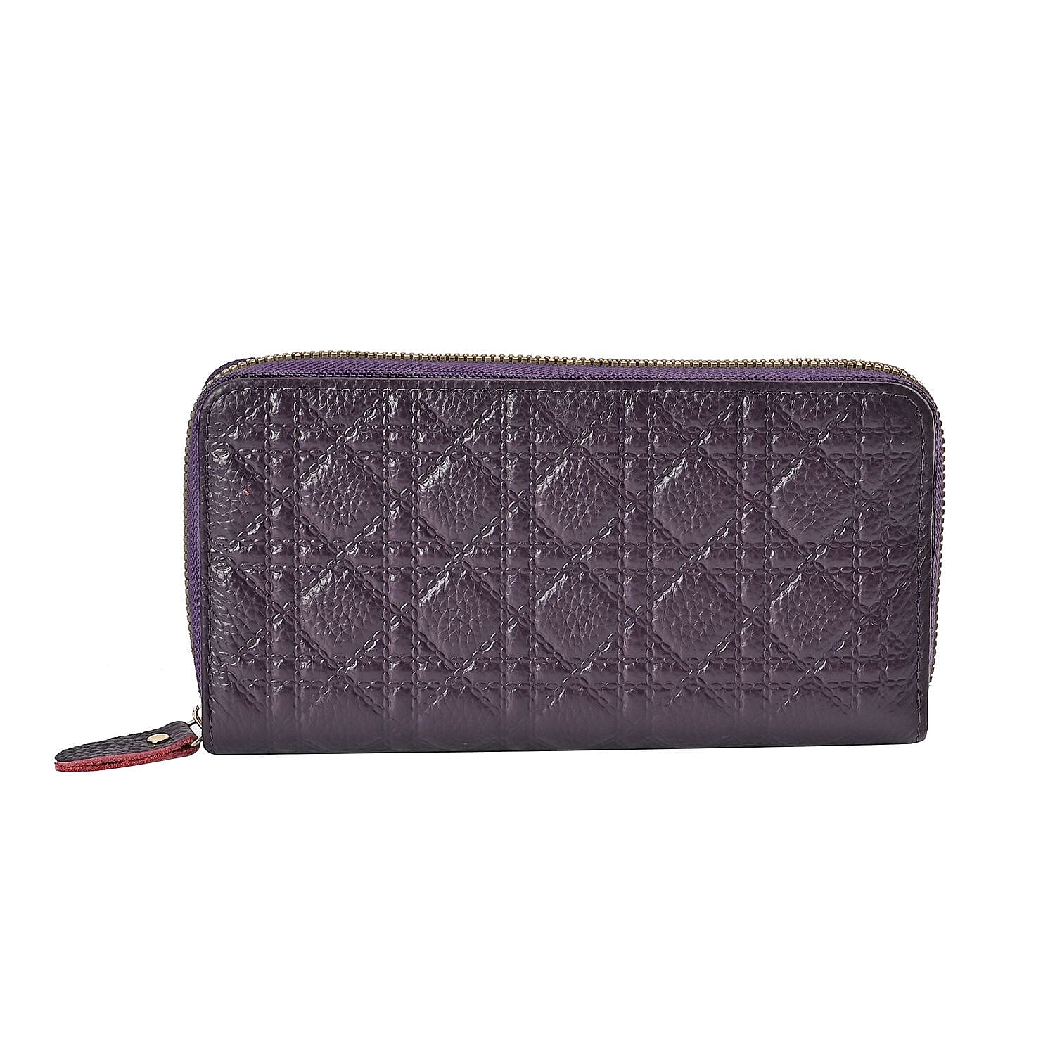 Genuine Leather Wallet with Embossed Quadrate Pattern & RFID Blocking - Purple