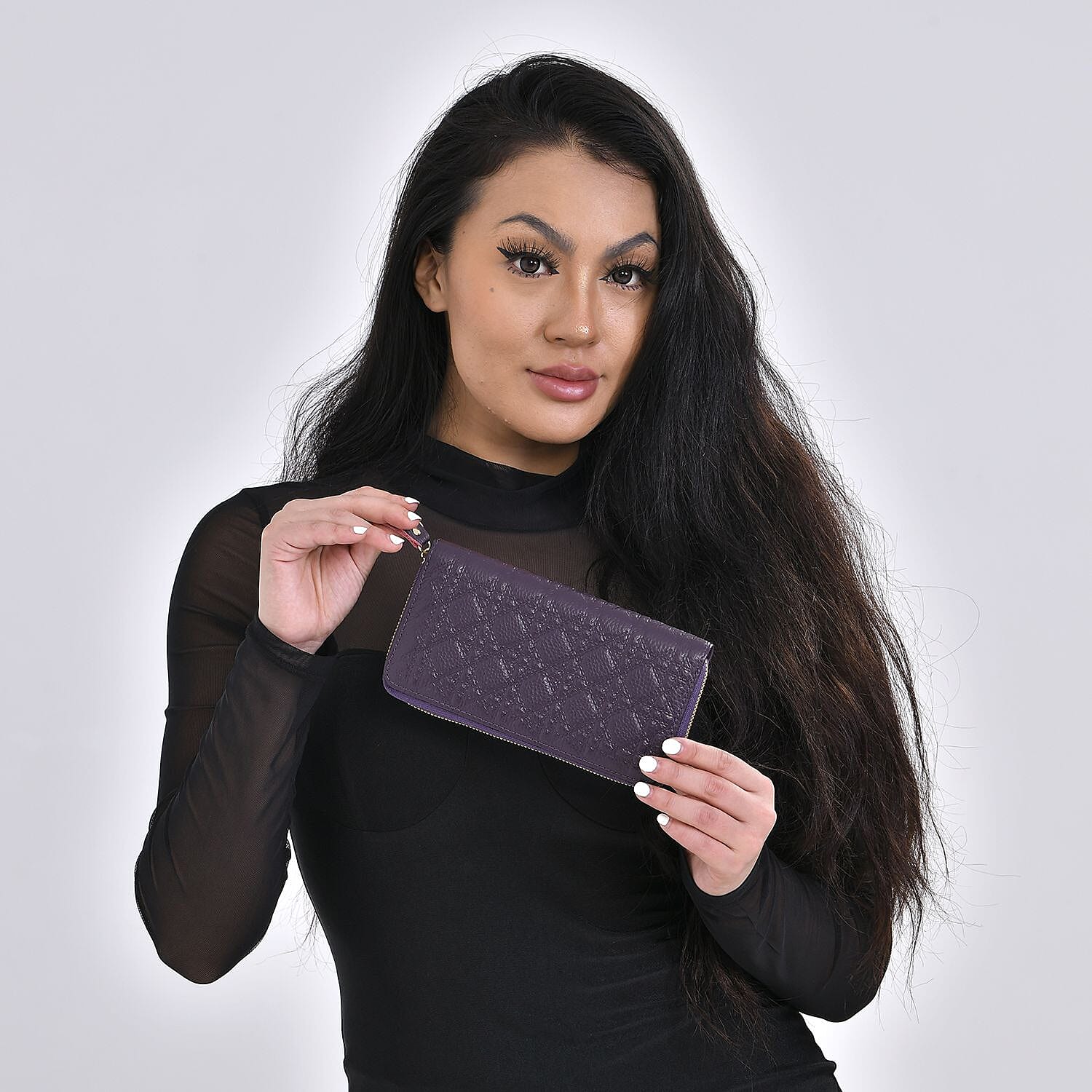Genuine Leather Wallet with Embossed Quadrate Pattern & RFID Blocking - Purple