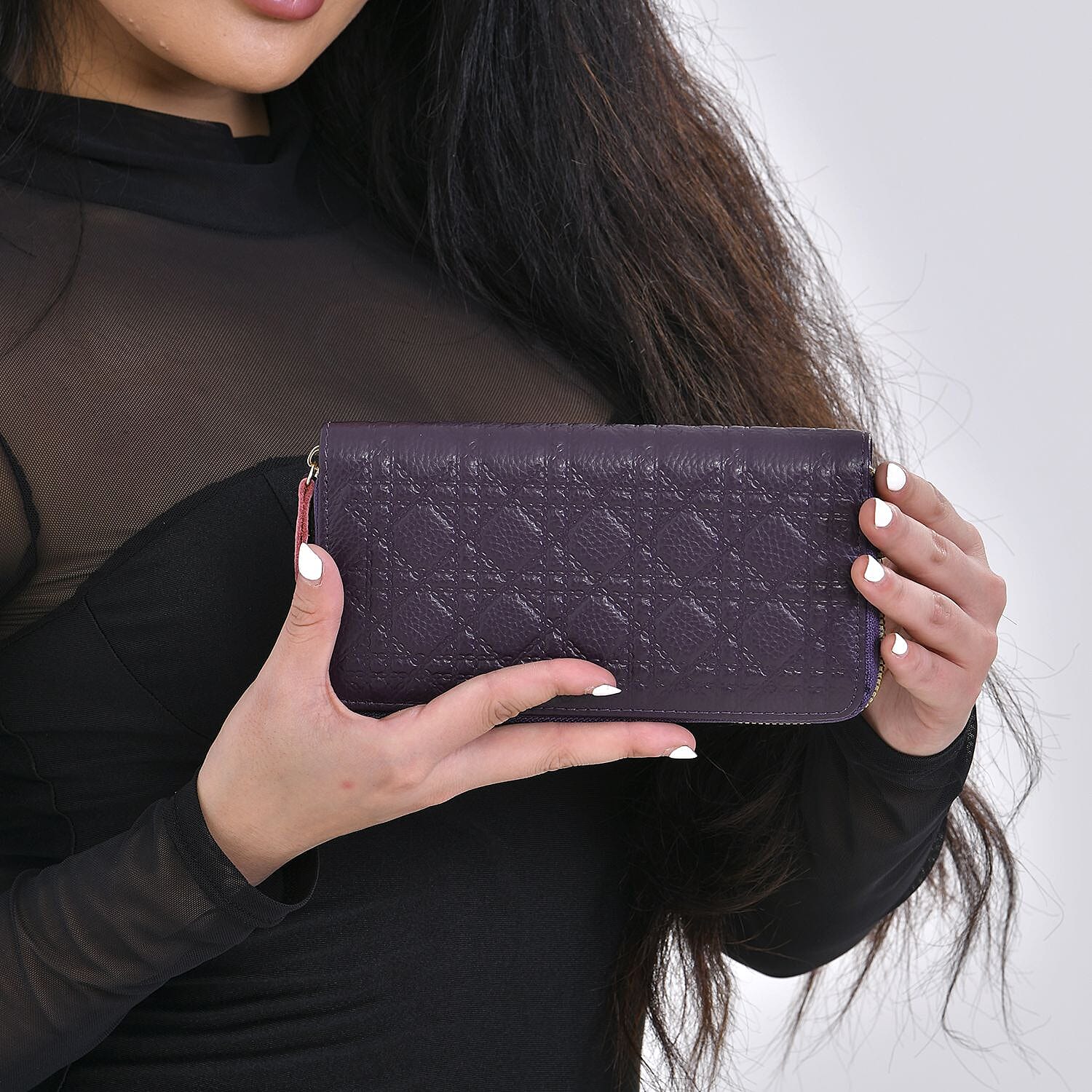 Genuine Leather Wallet with Embossed Quadrate Pattern & RFID Blocking - Purple