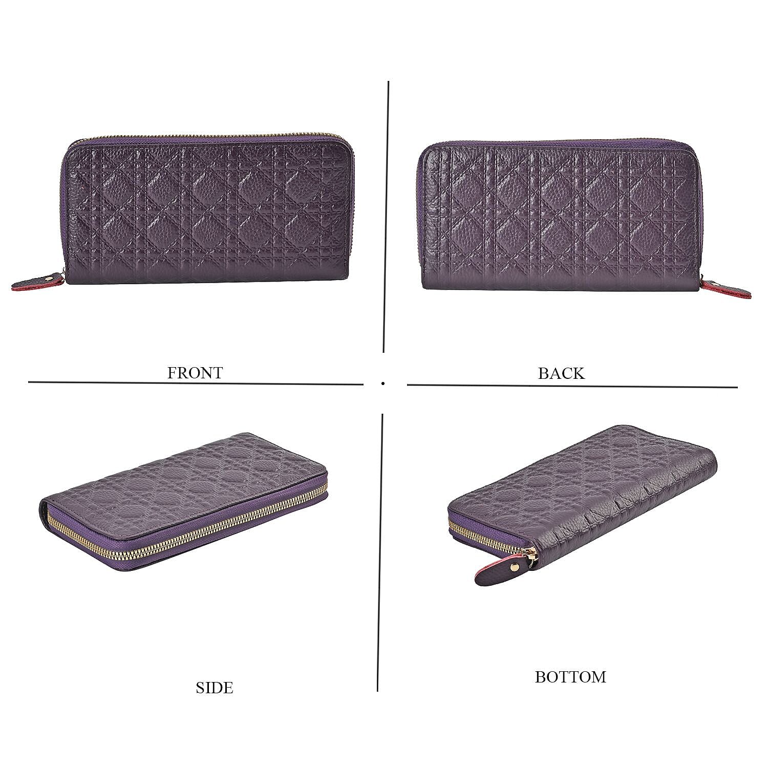 Genuine Leather Wallet with Embossed Quadrate Pattern & RFID Blocking - Purple