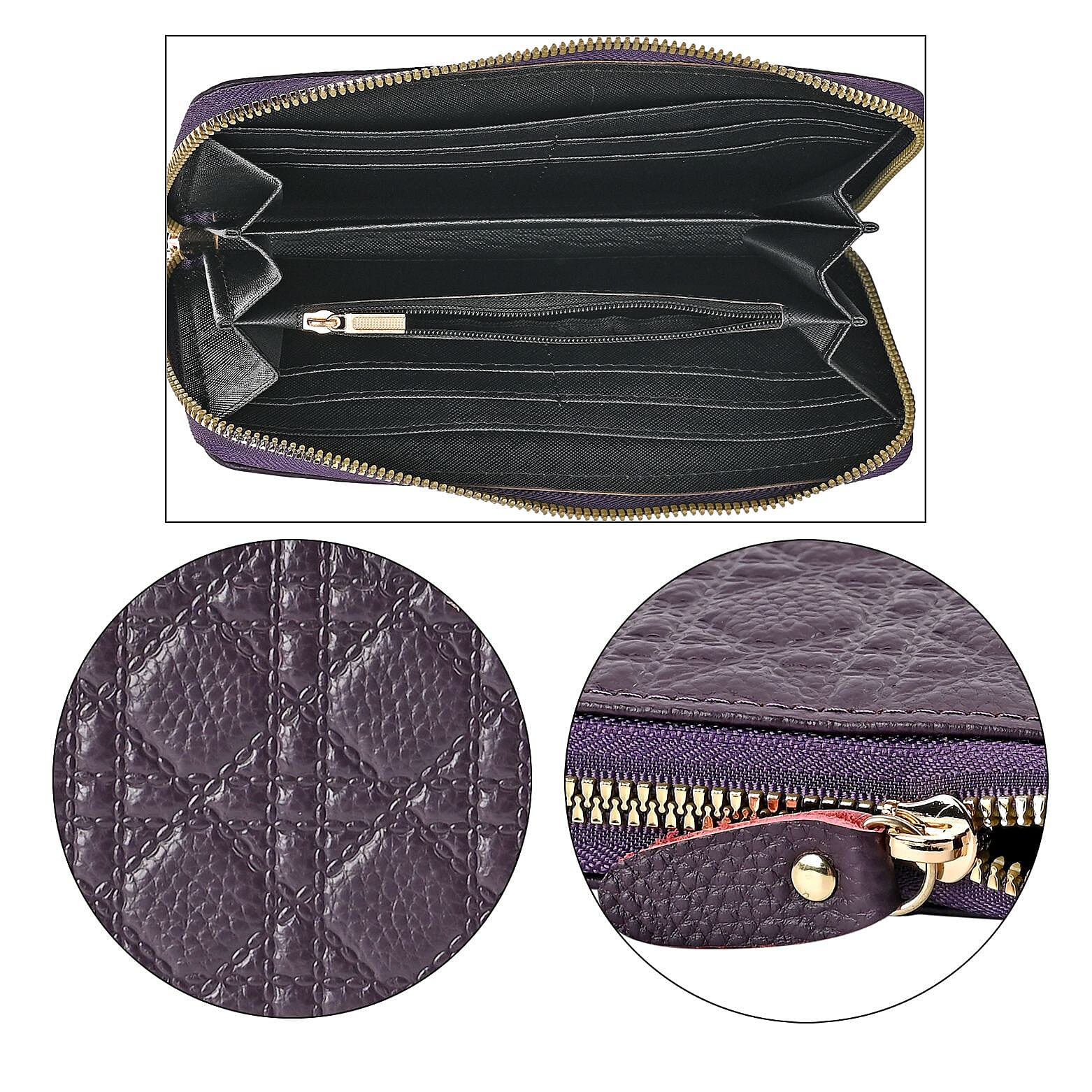 Genuine Leather Wallet with Embossed Quadrate Pattern & RFID Blocking - Purple