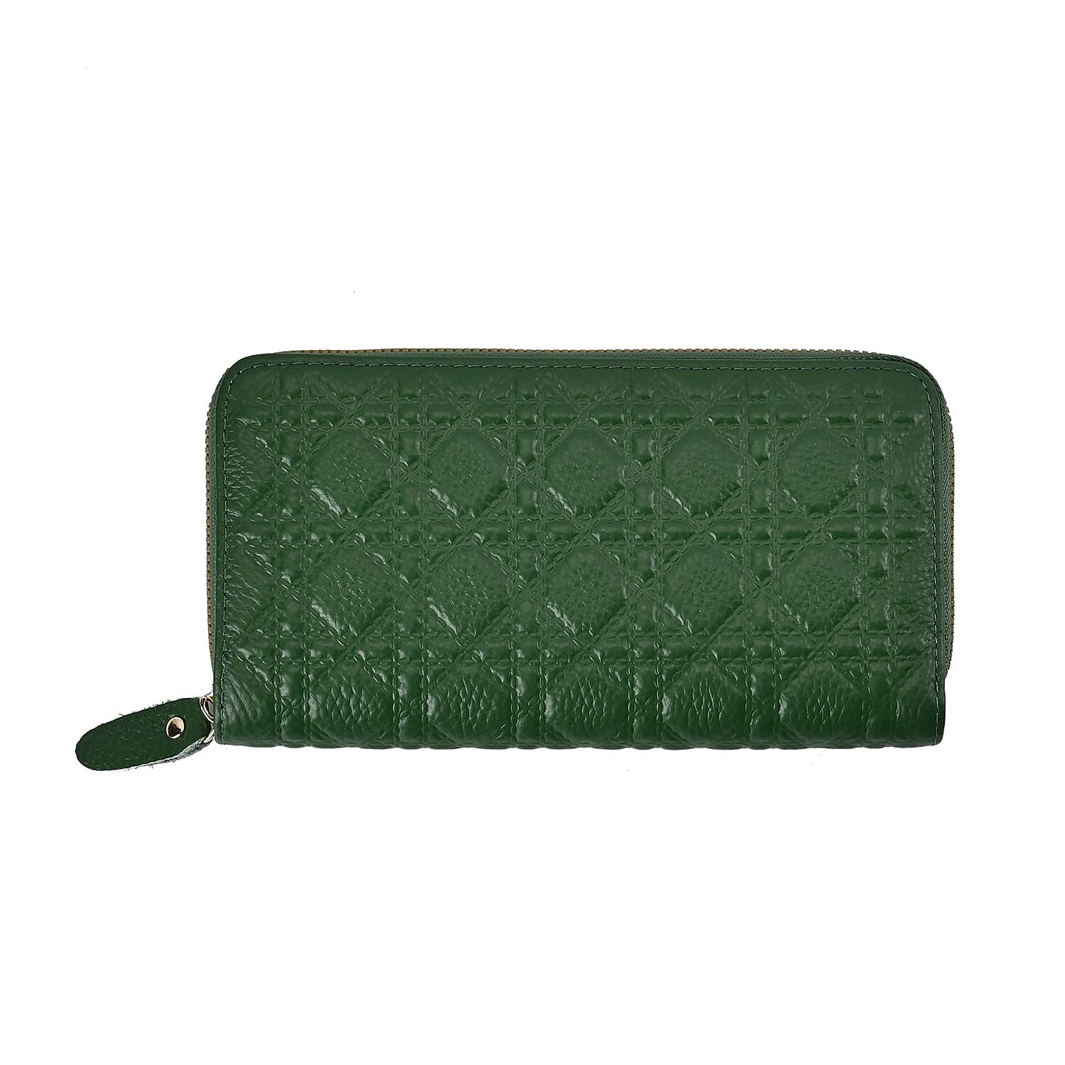 Genuine Leather Wallet with Embossed Quadrate Pattern & RFID Blocking - Green
