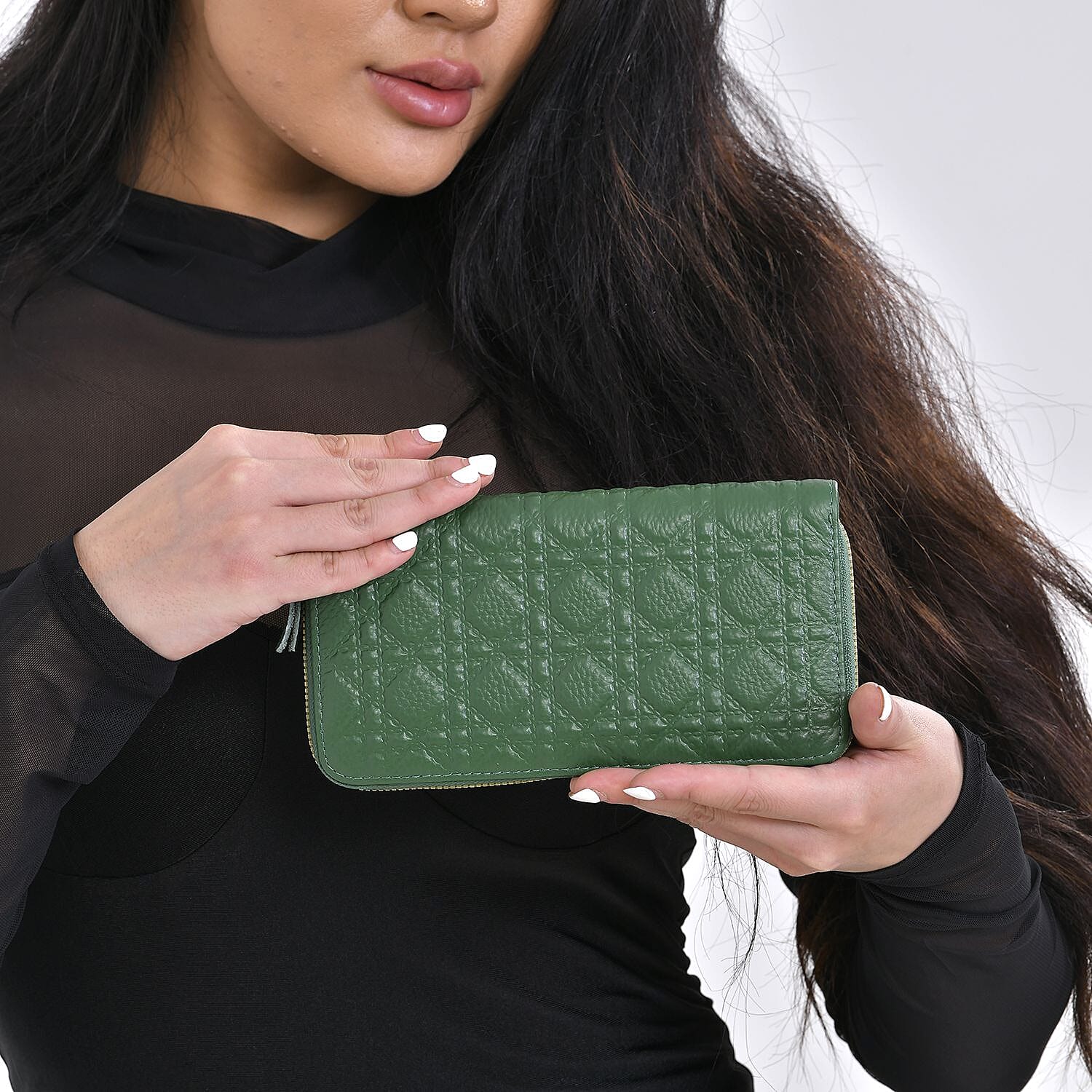 Genuine Leather Wallet with Embossed Quadrate Pattern & RFID Blocking - Green