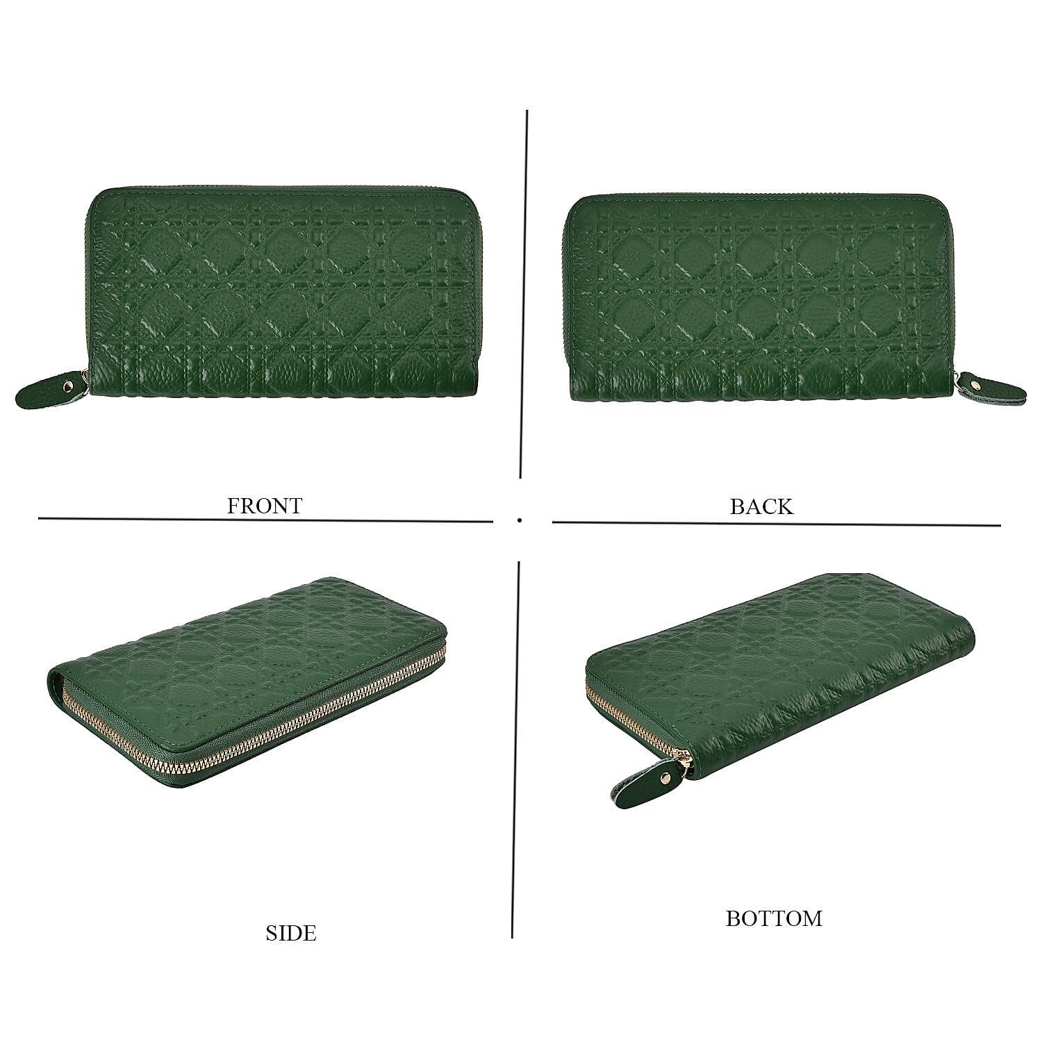 Genuine Leather Wallet with Embossed Quadrate Pattern & RFID Blocking - Green