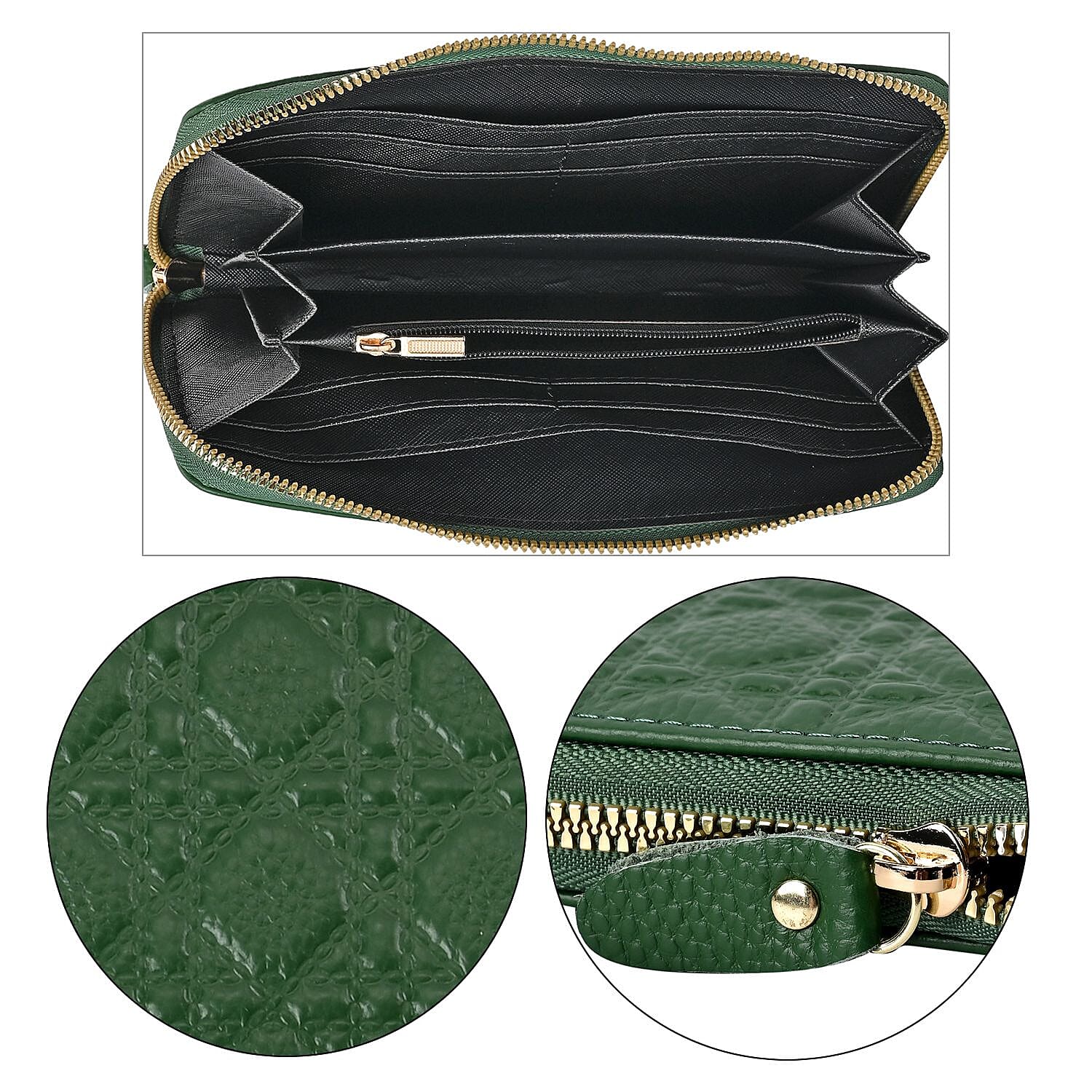 Genuine Leather Wallet with Embossed Quadrate Pattern & RFID Blocking - Green