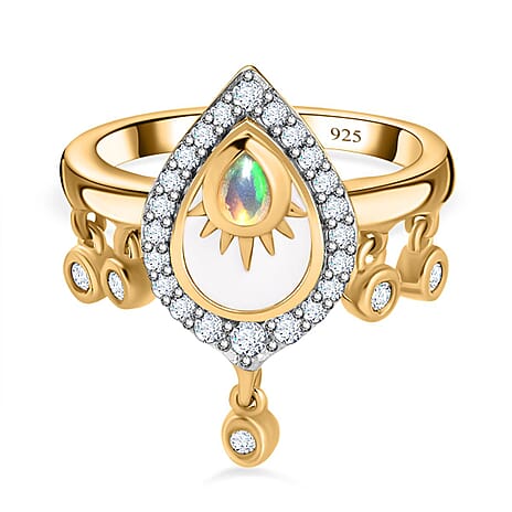 Ethiopian Welo Opal & Moissanite Ring in 18K Yellow Gold Vermeil Plated Sterling Silver Ethiopian Welo Opal & Moissanite Ring in 18K Yellow Gold Vermeil Plated Sterling Silver