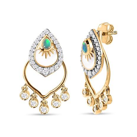 Etiopian Welo Opal & Moissanite Earrings in 18K Yellow Gold Vermeil Plated Sterling Silver Silver Wt 5.81 GM Etiopian Welo Opal & Moissanite Earrings in 18K Yellow Gold Vermeil Plated Sterling Silver Silver Wt 5.81 GM