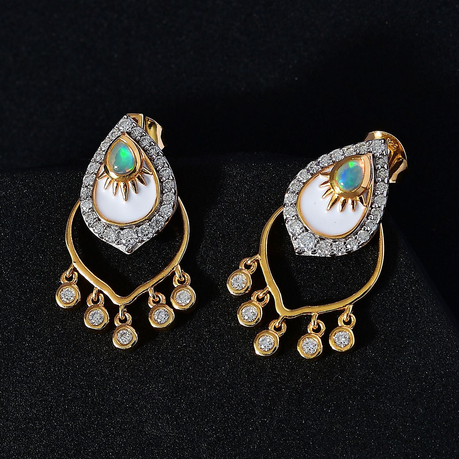 Ethiopian Welo Opal & Moissanite Earrings in 18K Yellow Gold Vermeil Plated Sterling Silver, Silver Wt 5.81 GM