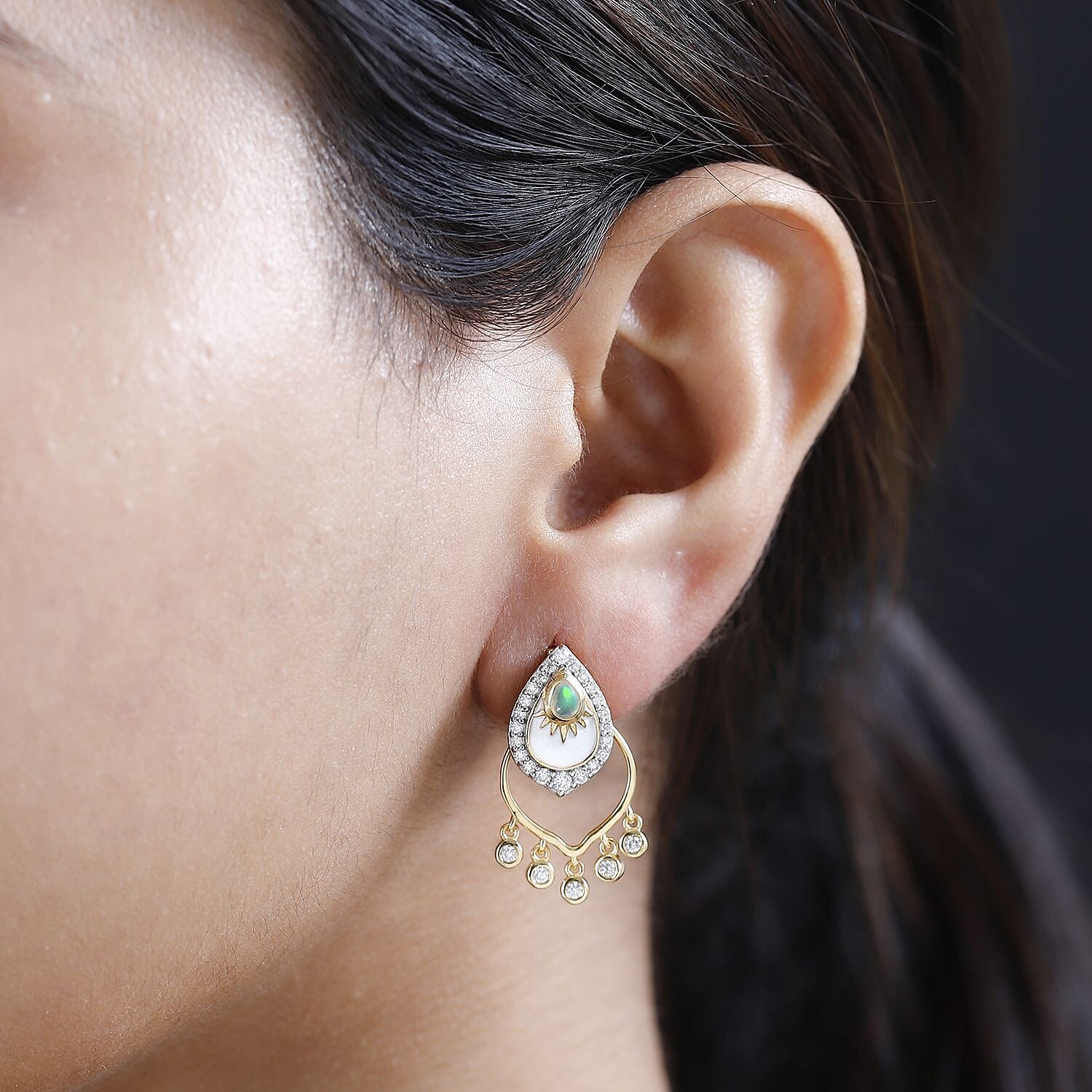 Ethiopian Welo Opal & Moissanite Earrings in 18K Yellow Gold Vermeil Plated Sterling Silver, Silver Wt 5.81 GM