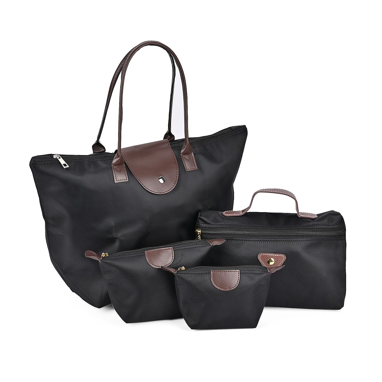 Set of 4 - Tote & Cosmetic Bag with Exterior Zipped Pocket & Handle Drop - Black