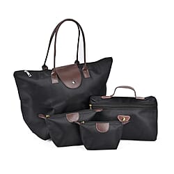 Set of 4 - Tote & Cosmetic Bag with Exterior Zipped Pocket & Handle Drop - Black
