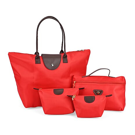 Set of 4 - Tote & Cosmetic Bag with Exterior Zipped Pocket & Handle Drop - Red