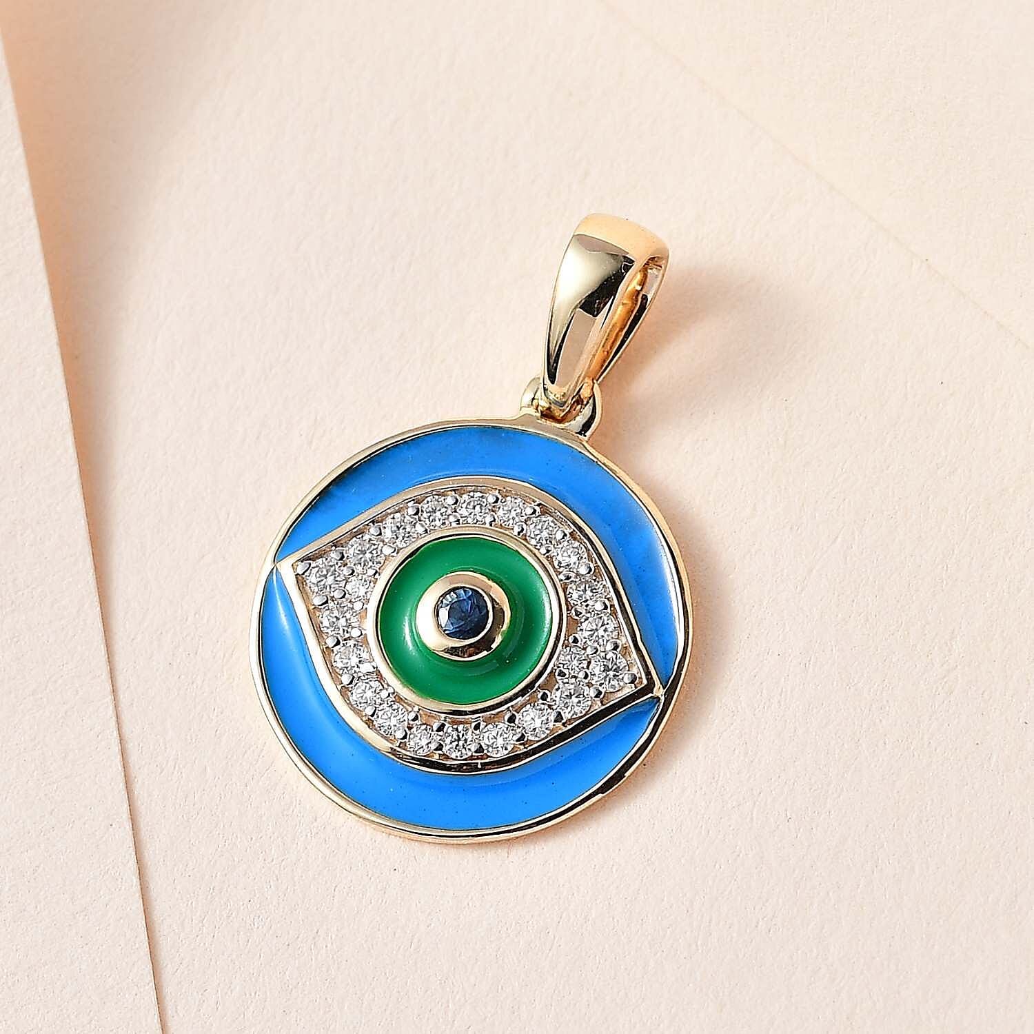 9K Yellow Gold Blue Sapphire and Moissanite Pendant