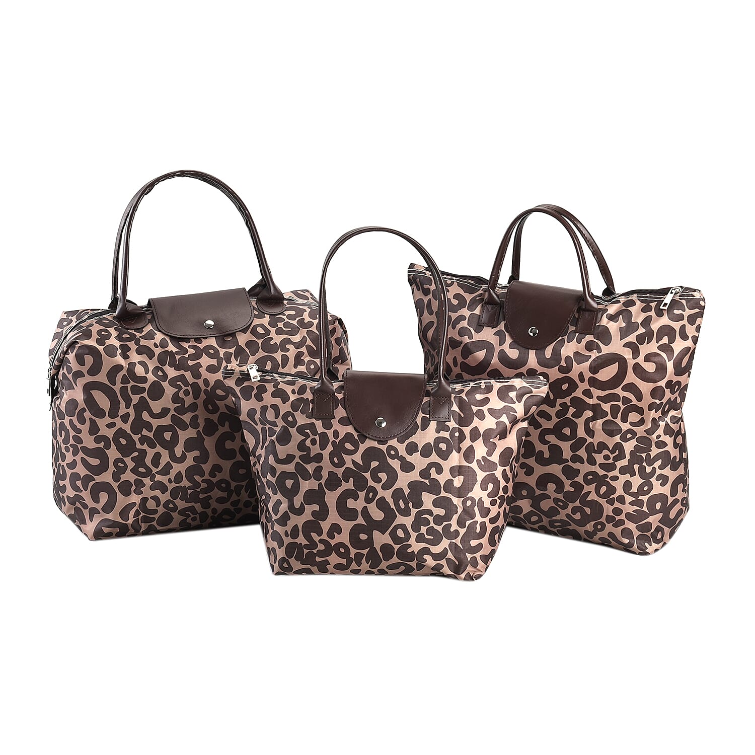 Set of 3 - Leopard Pattern Tote Bag with Handle Drop - Brown & Black
