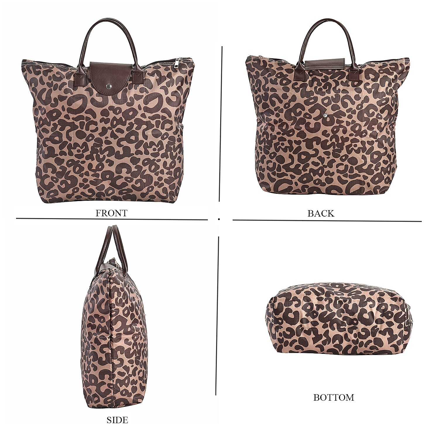 Set of 3 - Leopard Pattern Tote Bag with Handle Drop - Brown & Black