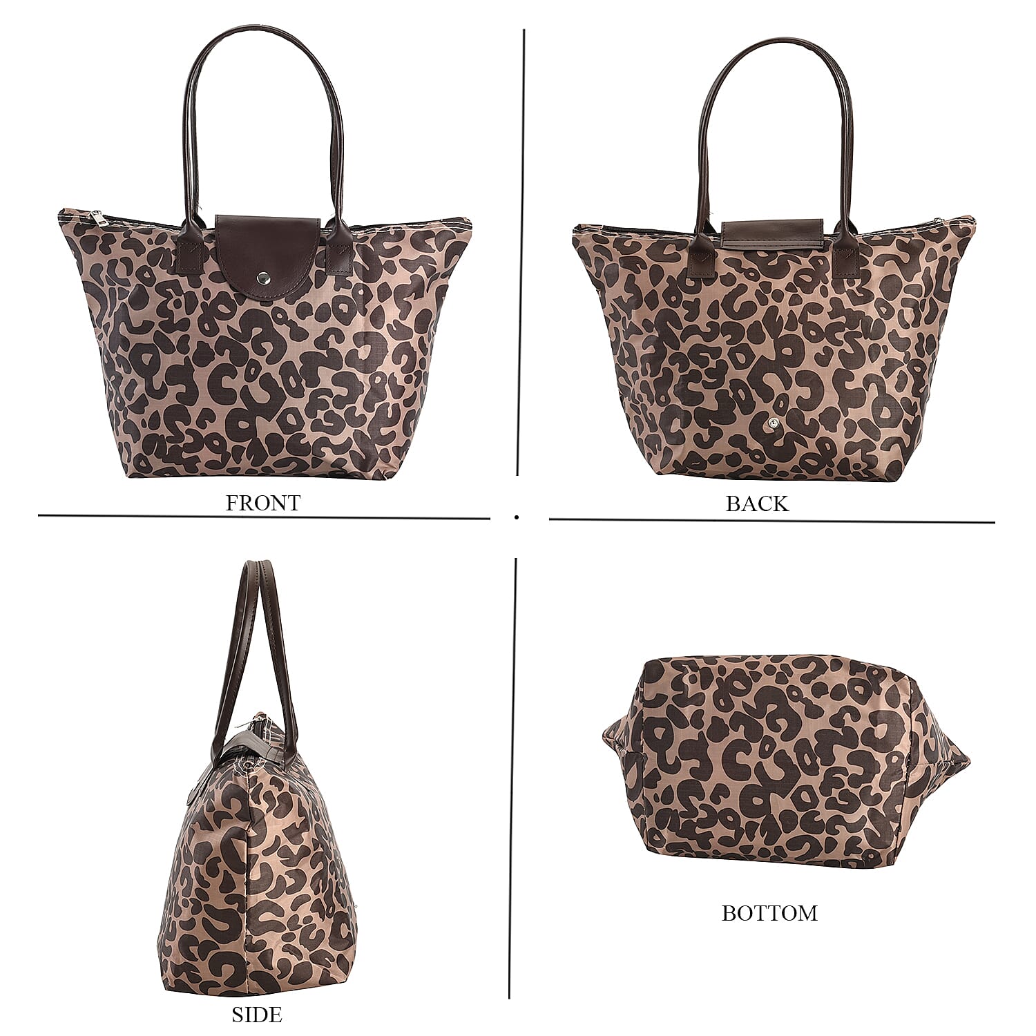 Set of 3 - Leopard Pattern Tote Bag with Handle Drop - Brown & Black
