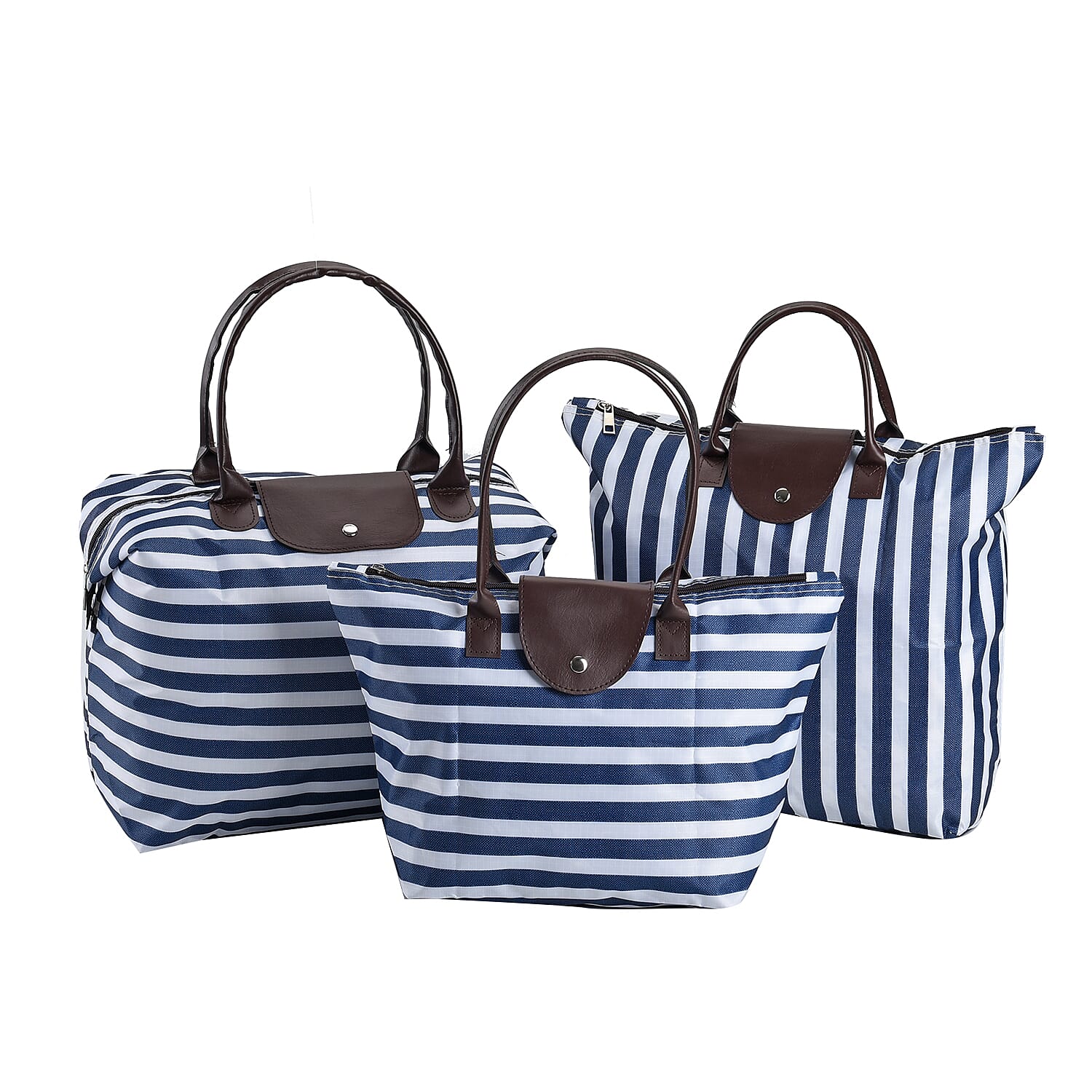 Set of 3 - Stripe Pattern Tote Bag with Handle Drop - White & Blue