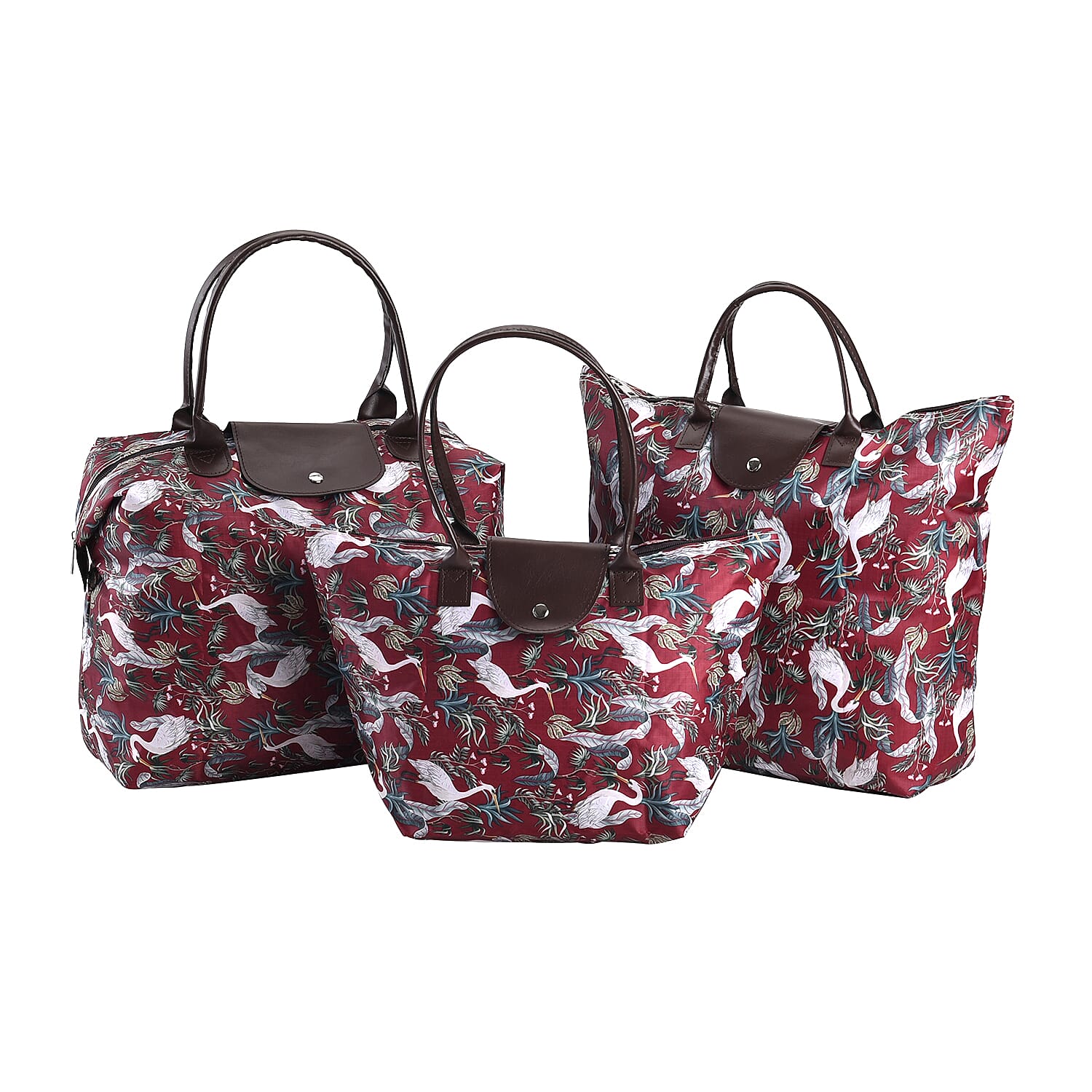 Set of 3 - Bird & Leaves Pattern Tote Bag with Handle Drop - Burgundy