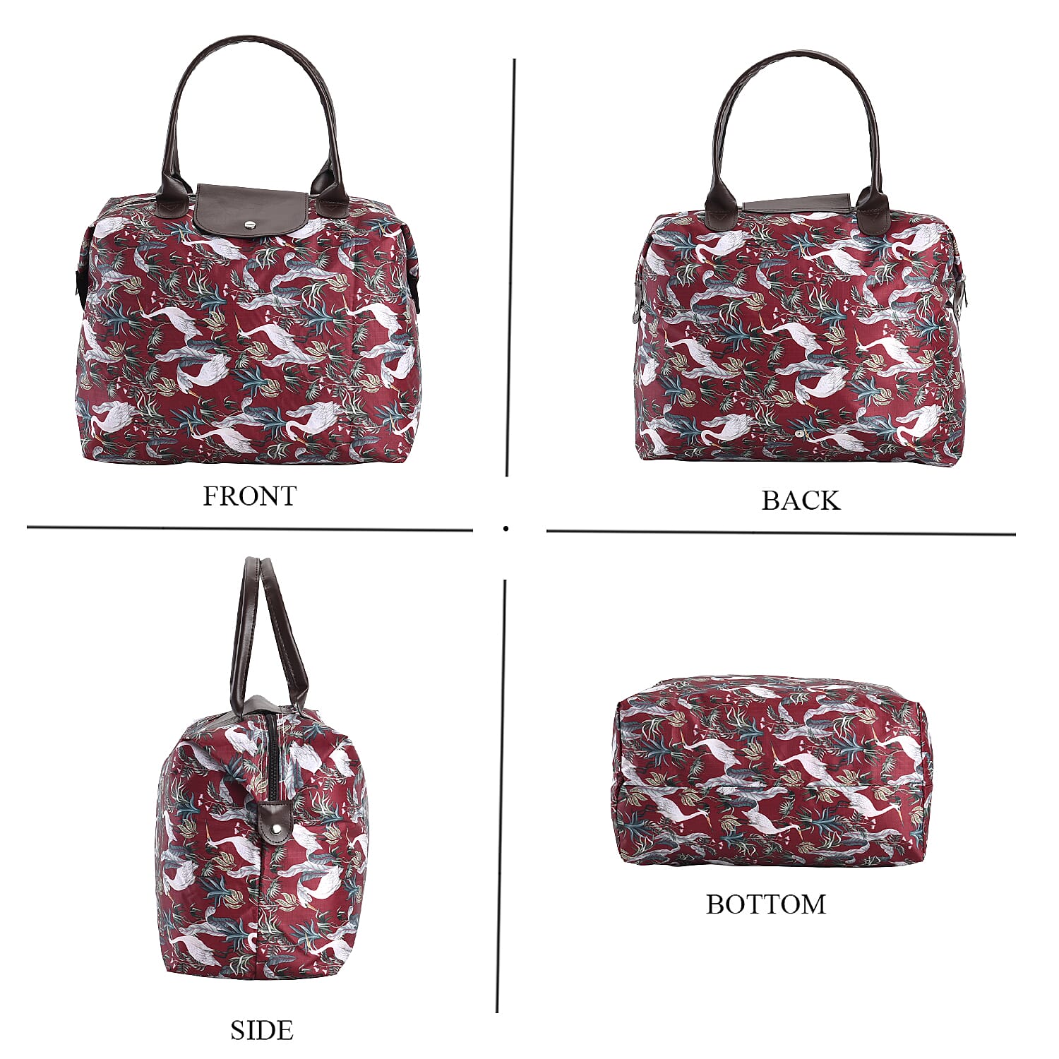 Set of 3 - Bird & Leaves Pattern Tote Bag with Handle Drop - Burgundy