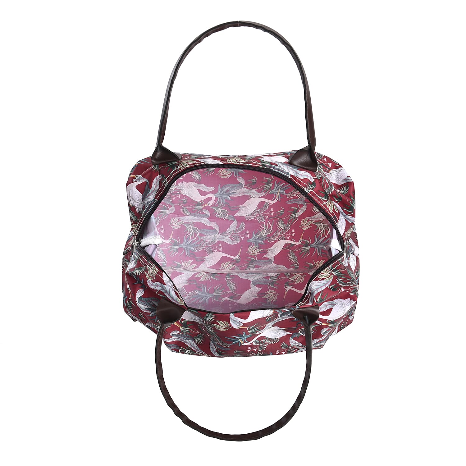 Set of 3 - Bird & Leaves Pattern Tote Bag with Handle Drop - Burgundy