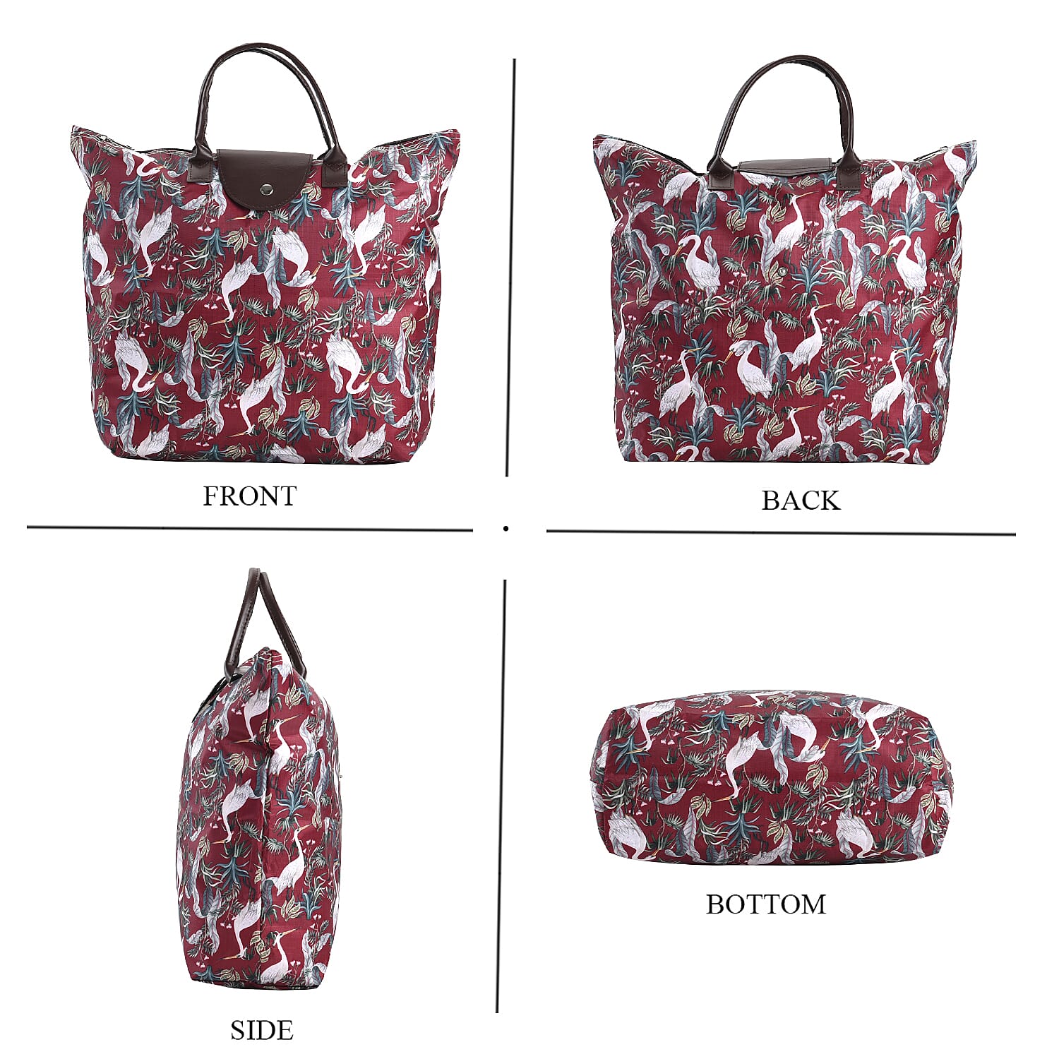 Set of 3 - Bird & Leaves Pattern Tote Bag with Handle Drop - Burgundy