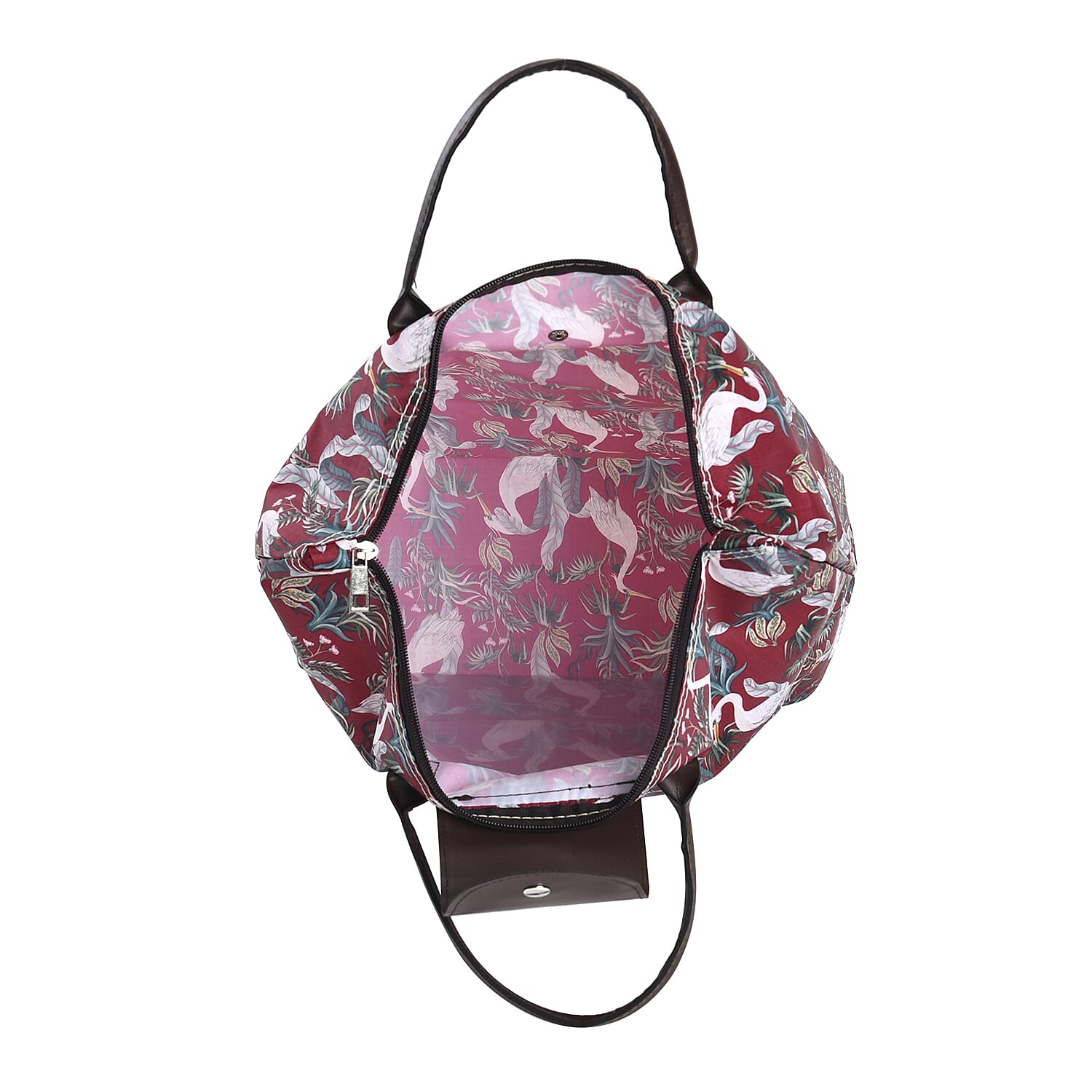 Set of 3 - Bird & Leaves Pattern Tote Bag with Handle Drop - Burgundy