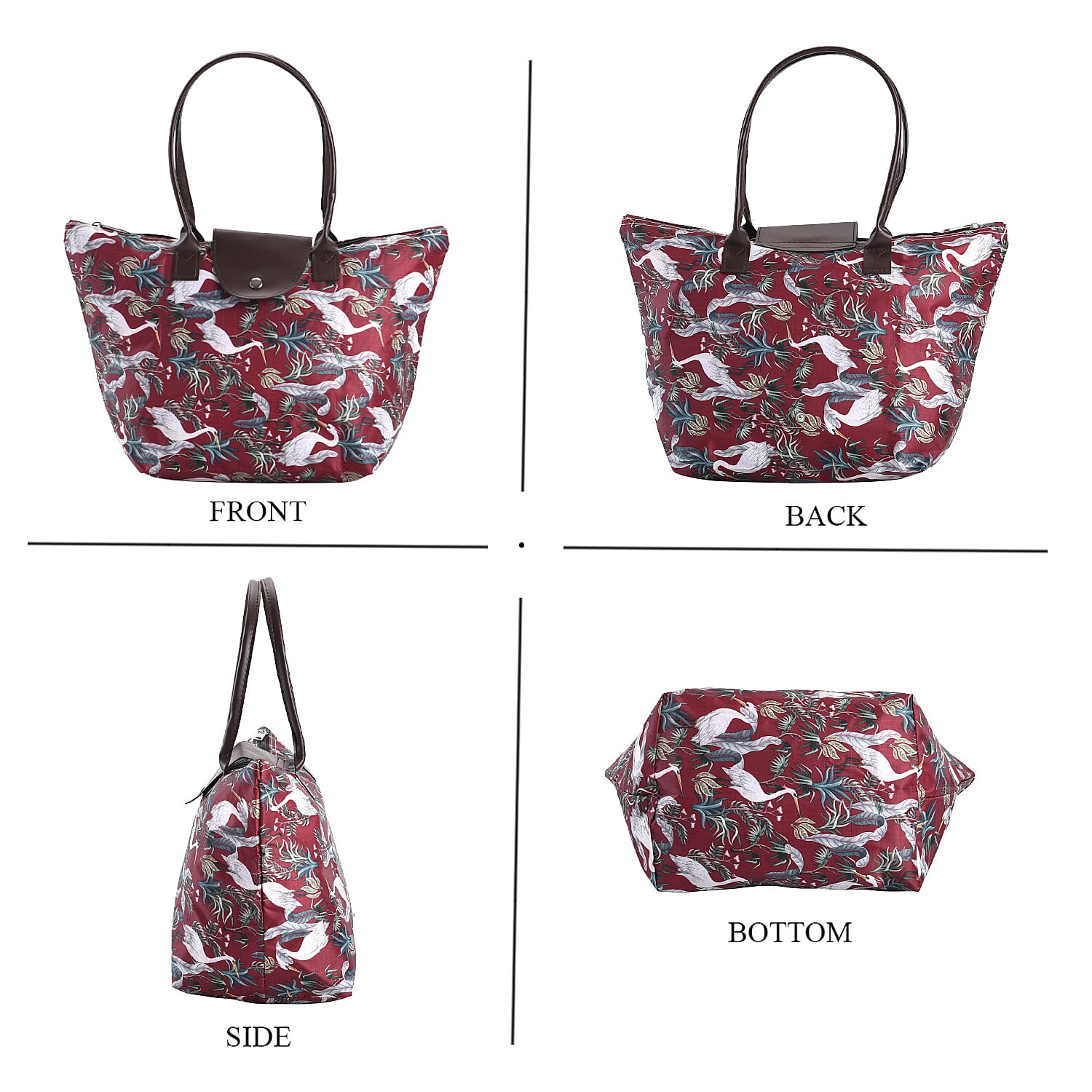 Set of 3 - Bird & Leaves Pattern Tote Bag with Handle Drop - Burgundy