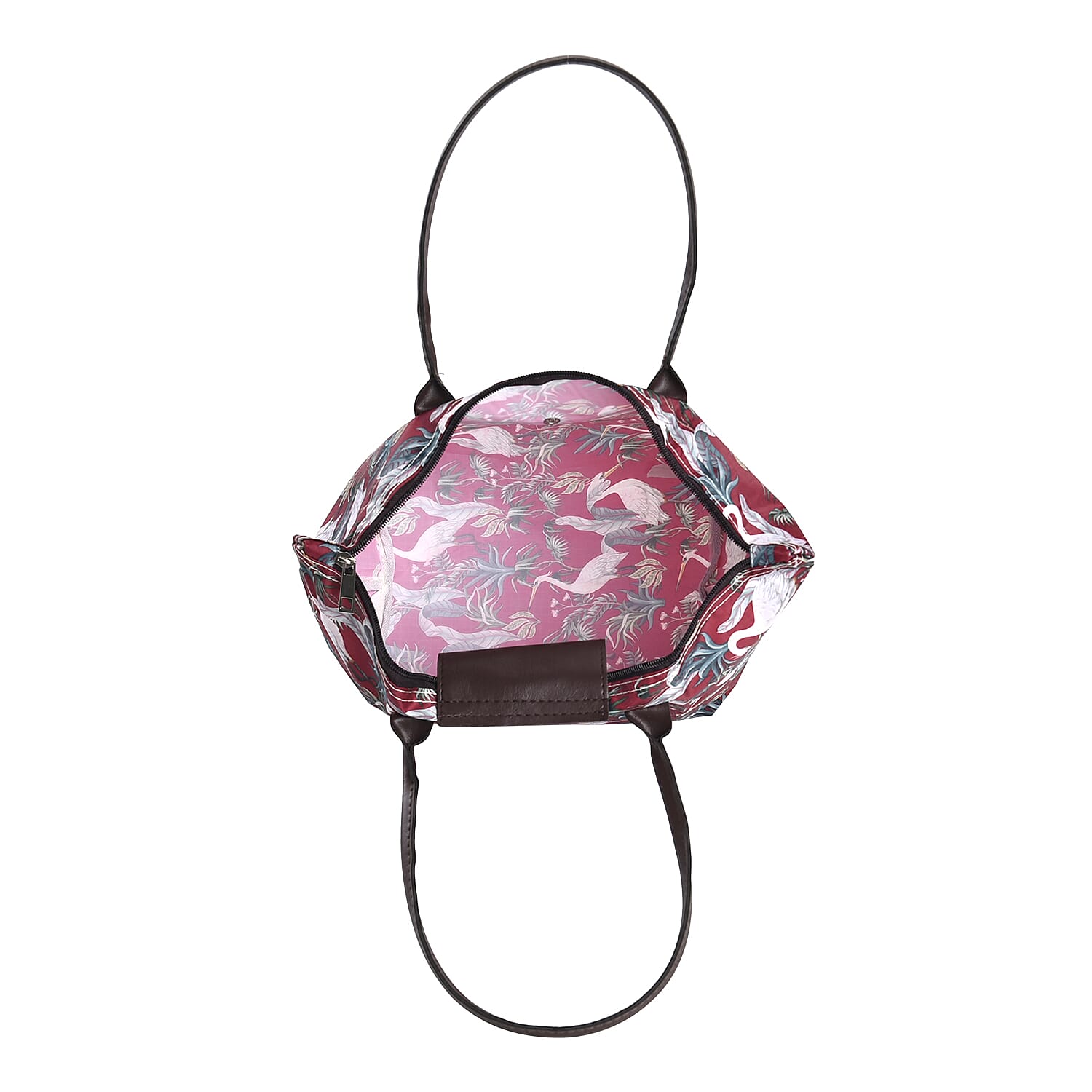 Set of 3 - Bird & Leaves Pattern Tote Bag with Handle Drop - Burgundy