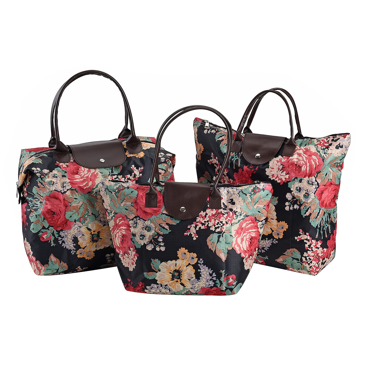 Set of 3 - Floral Pattern Tote Bag with Handle Drop - Black