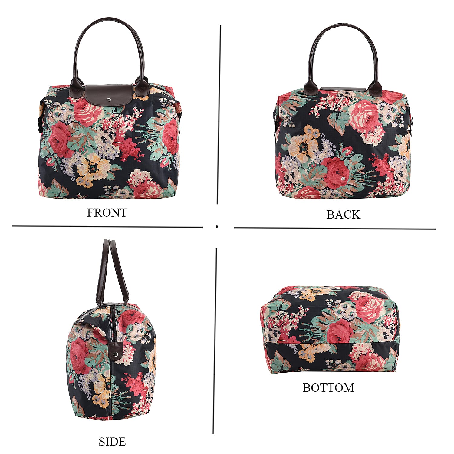 Set of 3 - Floral Pattern Tote Bag with Handle Drop - Black