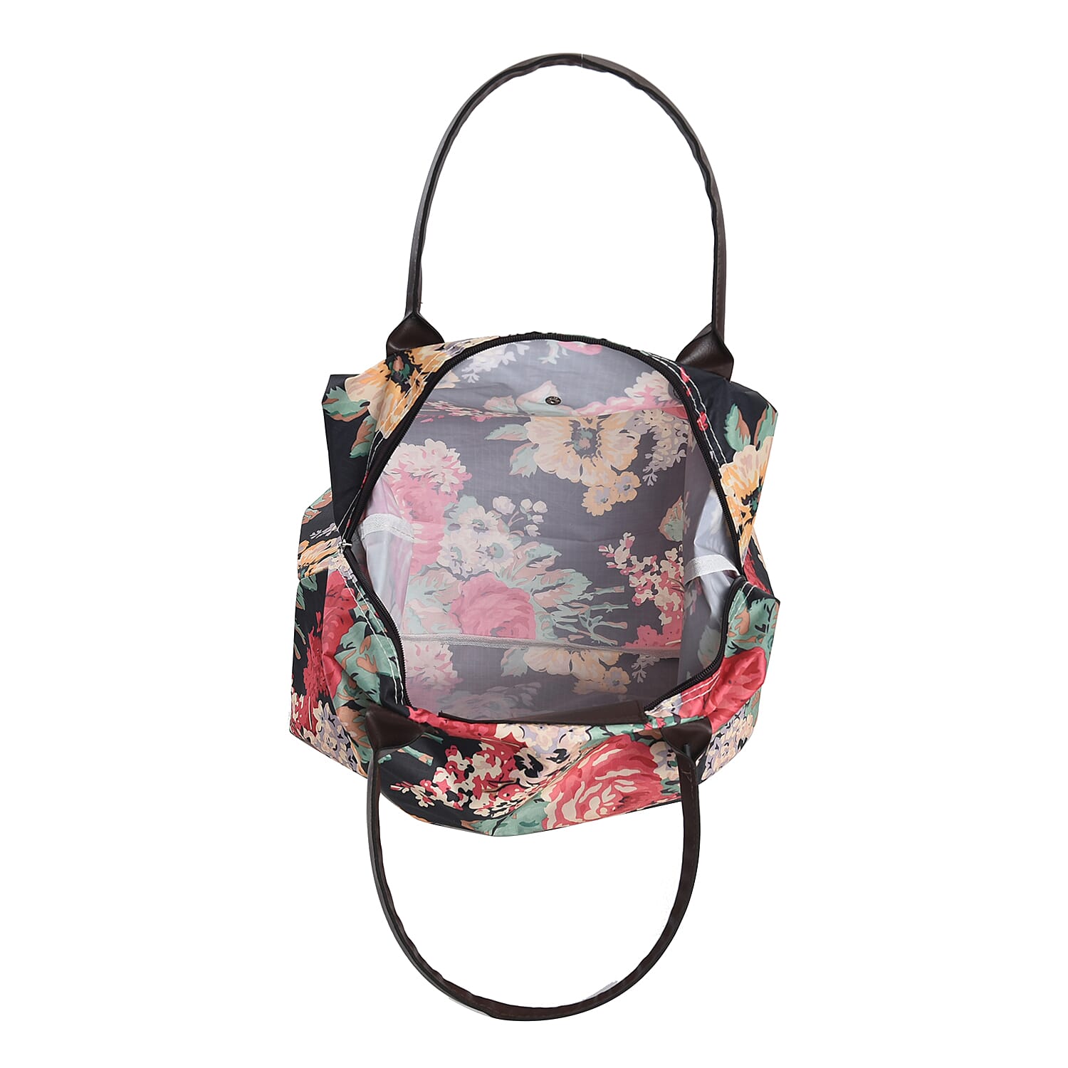 Set of 3 - Floral Pattern Tote Bag with Handle Drop - Black