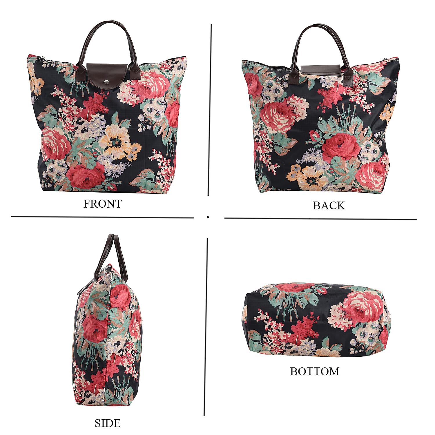 Set of 3 - Floral Pattern Tote Bag with Handle Drop - Black