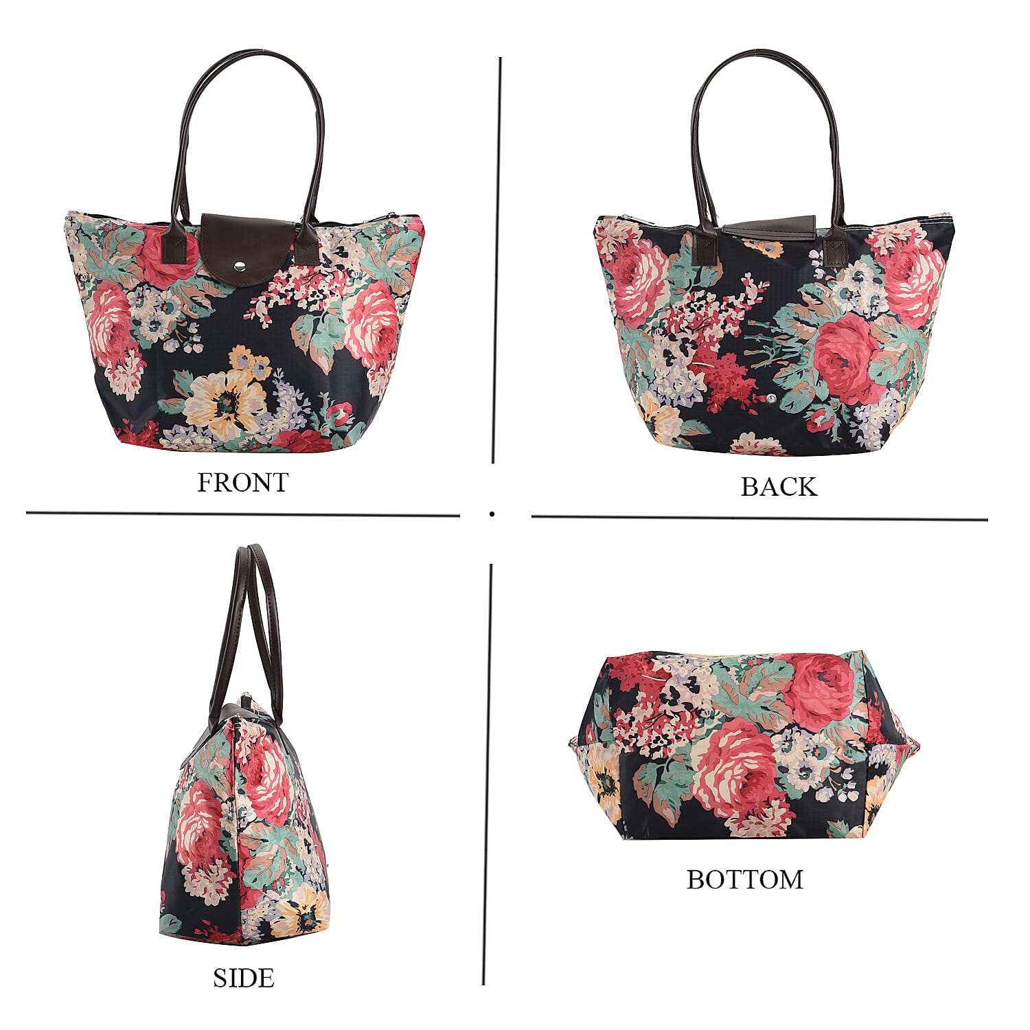 Set of 3 - Floral Pattern Tote Bag with Handle Drop - Black