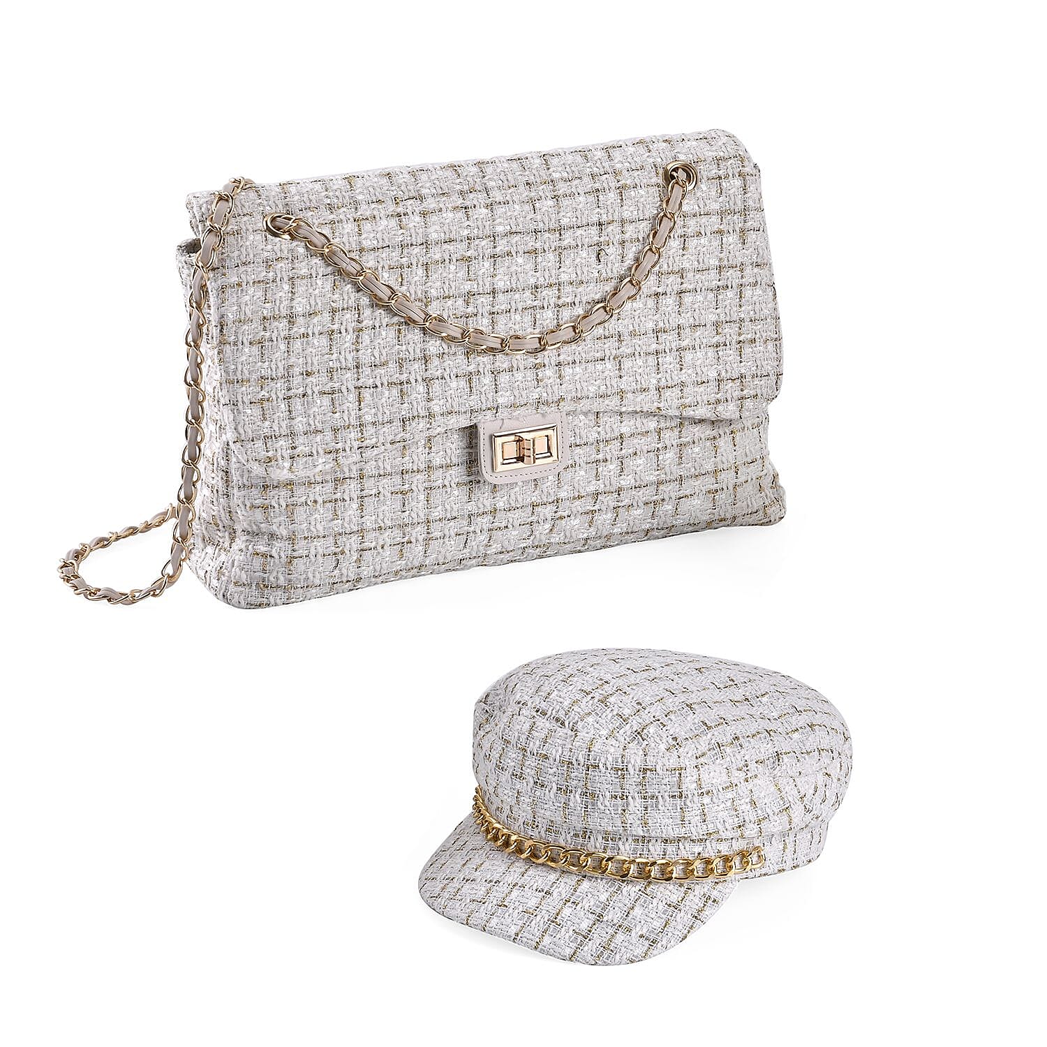 Polyester Plaid Shoulder Bag (Size 29x9x23 cm) - White & Black