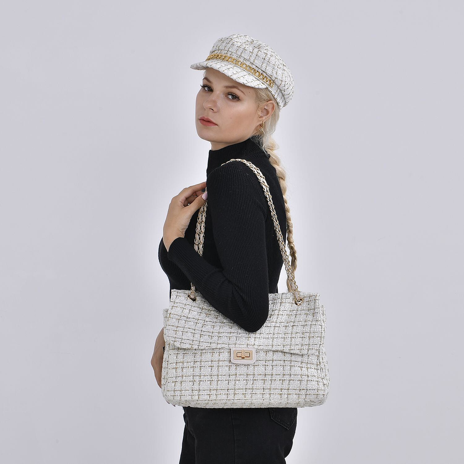 Polyester Plaid Shoulder Bag (Size 29x9x23 cm) - White & Black